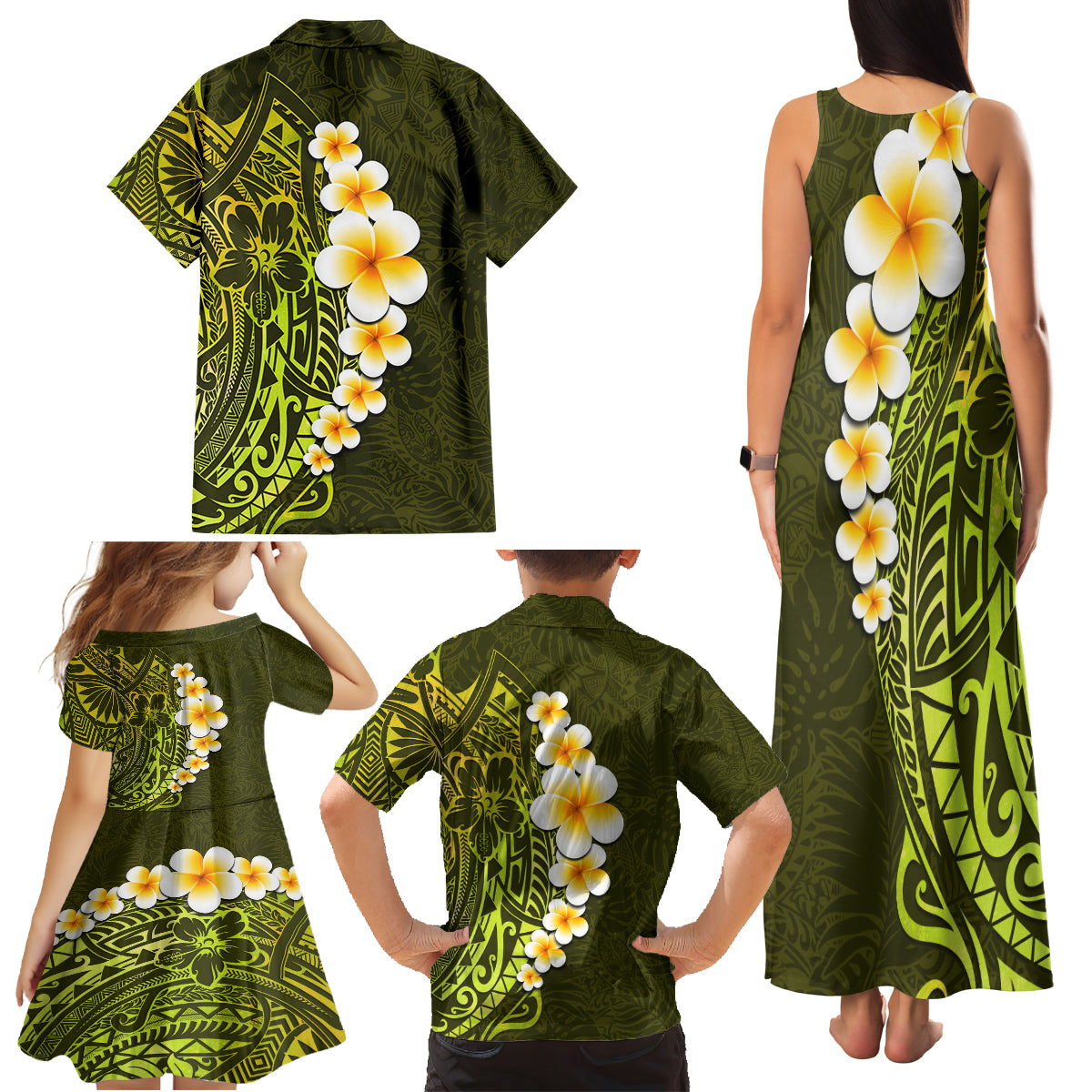 Lime Green Tropical Plumeria With Galaxy Polynesian Art Family Matching Tank Maxi Dress and Hawaiian Shirt LT14 - Polynesian Pride