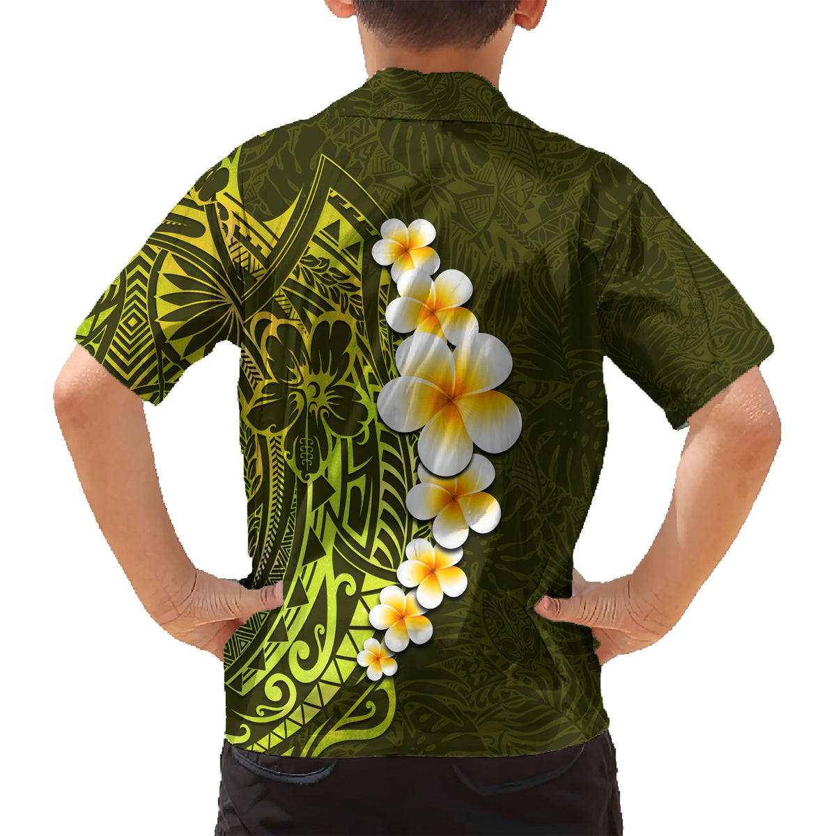 Lime Green Tropical Plumeria With Galaxy Polynesian Art Kid Hawaiian Shirt LT14 - Polynesian Pride