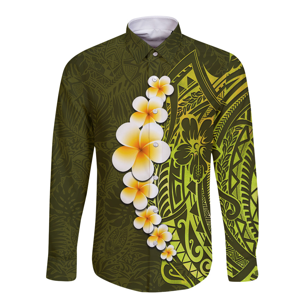 Lime Green Tropical Plumeria With Galaxy Polynesian Art Long Sleeve Button Shirt LT14 Unisex Lime Green - Polynesian Pride