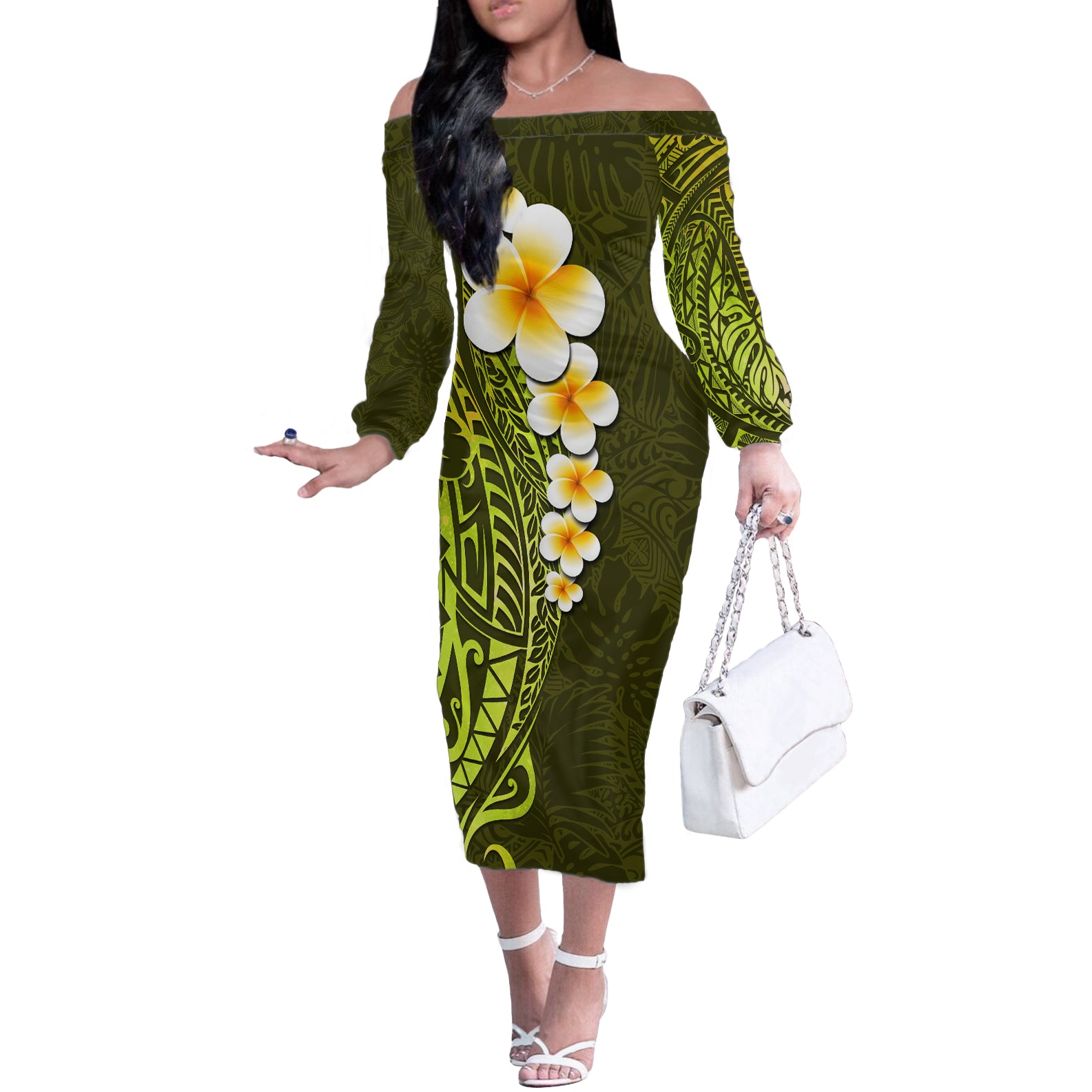 Lime Green Tropical Plumeria With Galaxy Polynesian Art Off The Shoulder Long Sleeve Dress LT14 Women Lime Green - Polynesian Pride