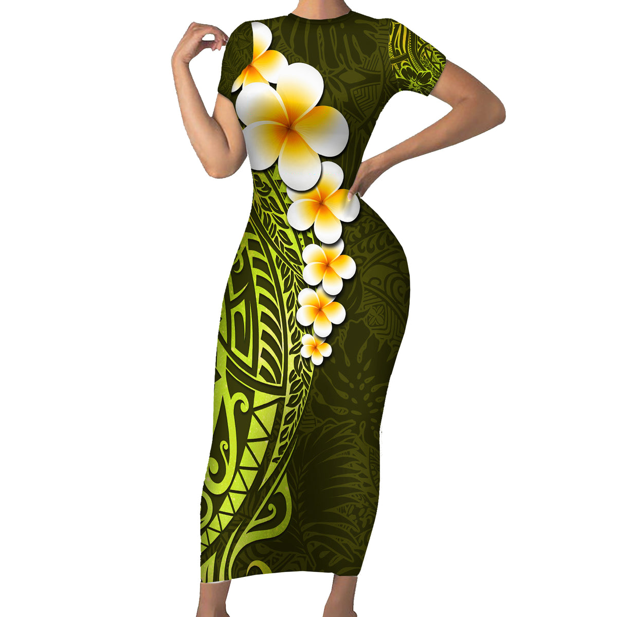 Lime Green Tropical Plumeria With Galaxy Polynesian Art Short Sleeve Bodycon Dress LT14 Long Dress Lime Green - Polynesian Pride