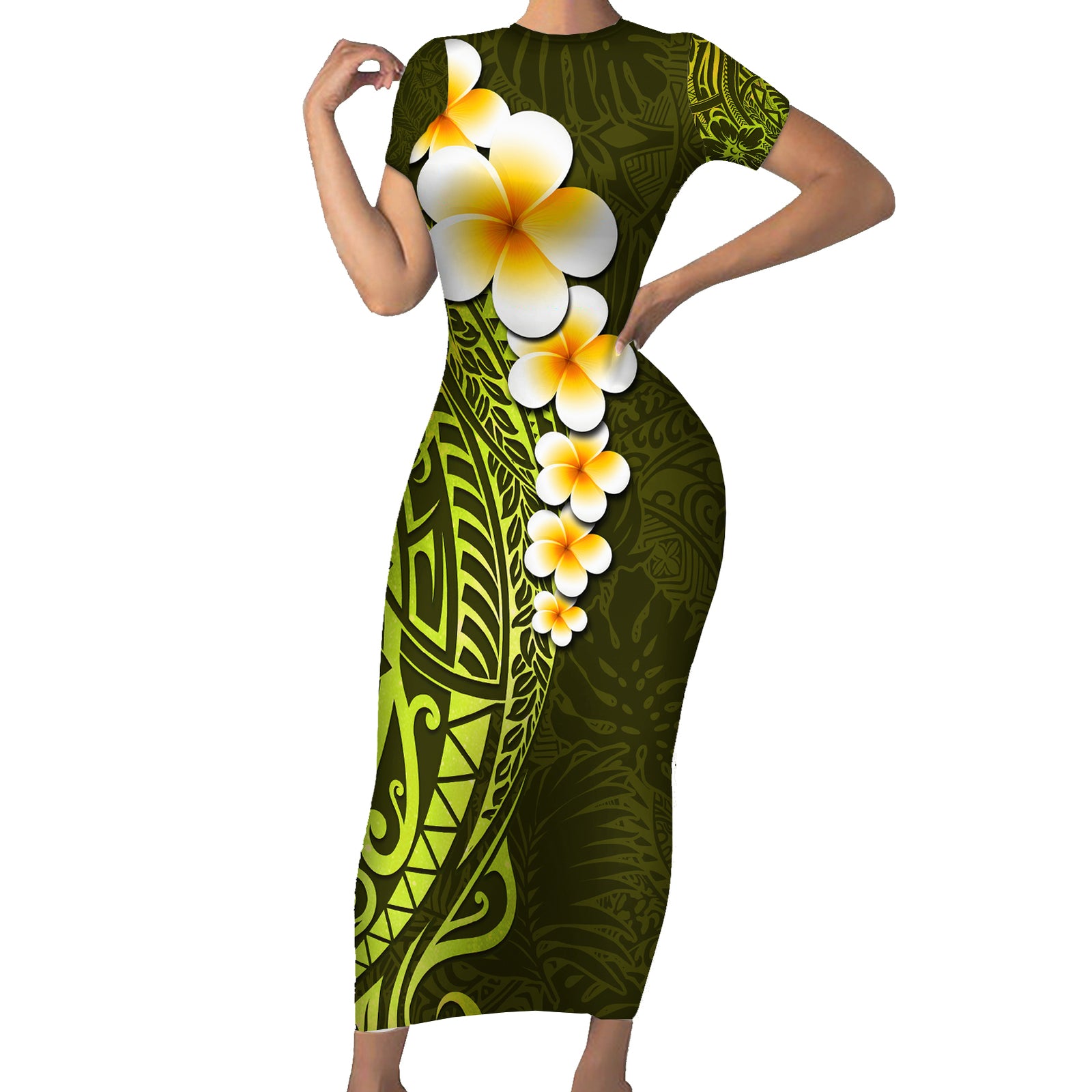 Lime Green Tropical Plumeria With Galaxy Polynesian Art Short Sleeve Bodycon Dress LT14 Long Dress Lime Green - Polynesian Pride