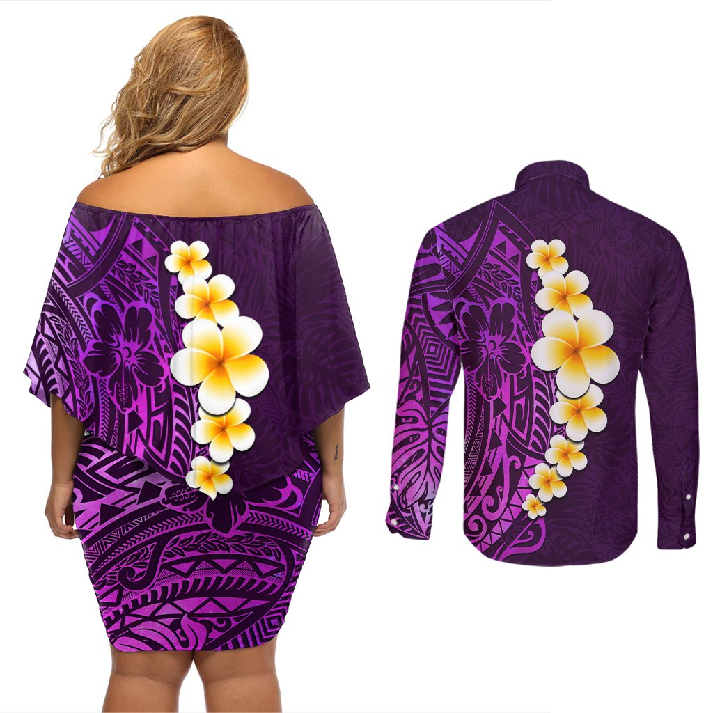 Purple Tropical Plumeria With Galaxy Polynesian Art Couples Matching Off Shoulder Short Dress and Long Sleeve Button Shirt LT14 - Polynesian Pride