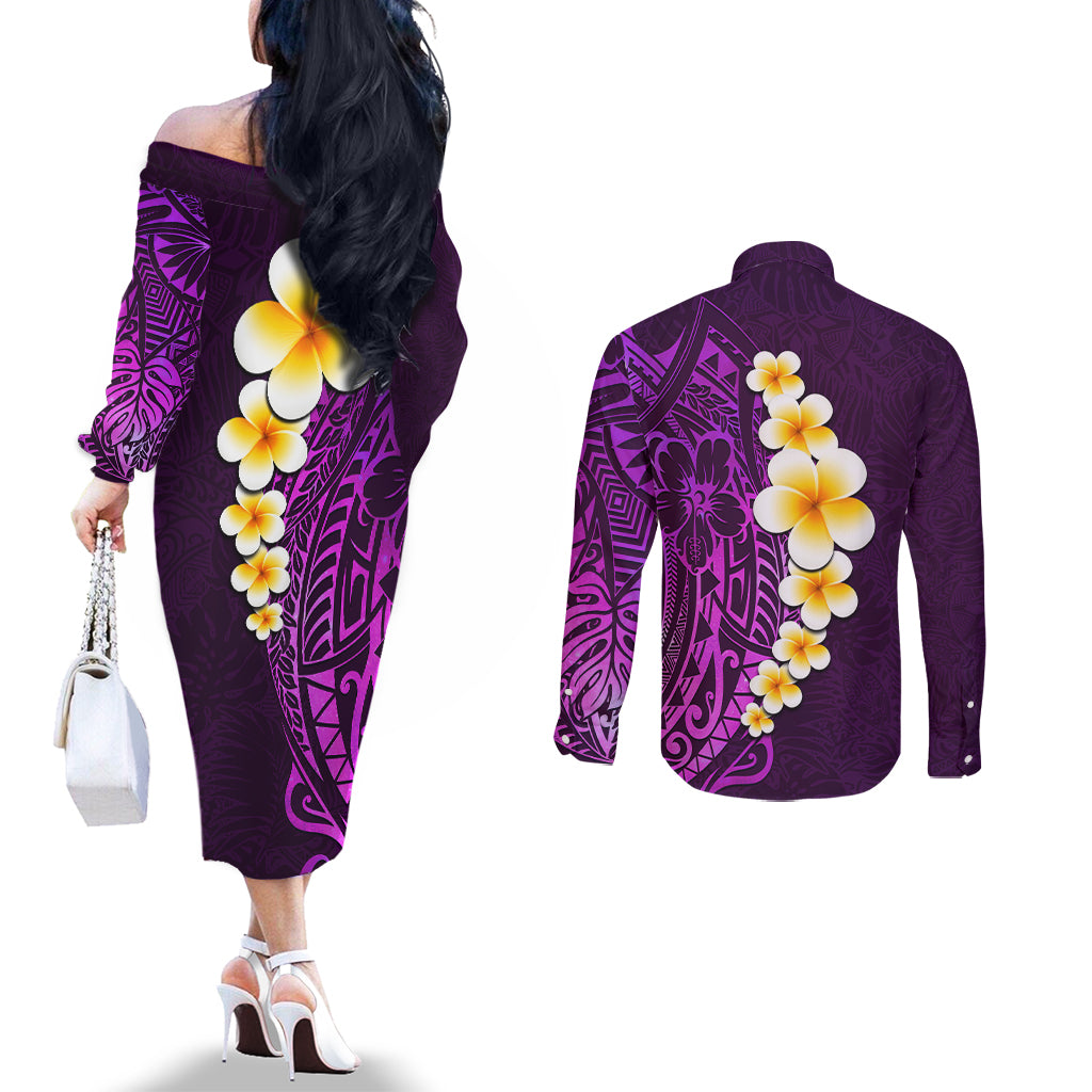 Purple Tropical Plumeria With Galaxy Polynesian Art Couples Matching Off The Shoulder Long Sleeve Dress and Long Sleeve Button Shirt LT14 - Polynesian Pride