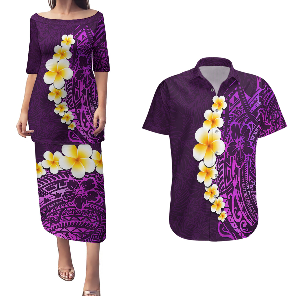 Purple Tropical Plumeria With Galaxy Polynesian Art Couples Matching Puletasi Dress and Hawaiian Shirt LT14 Purple - Polynesian Pride
