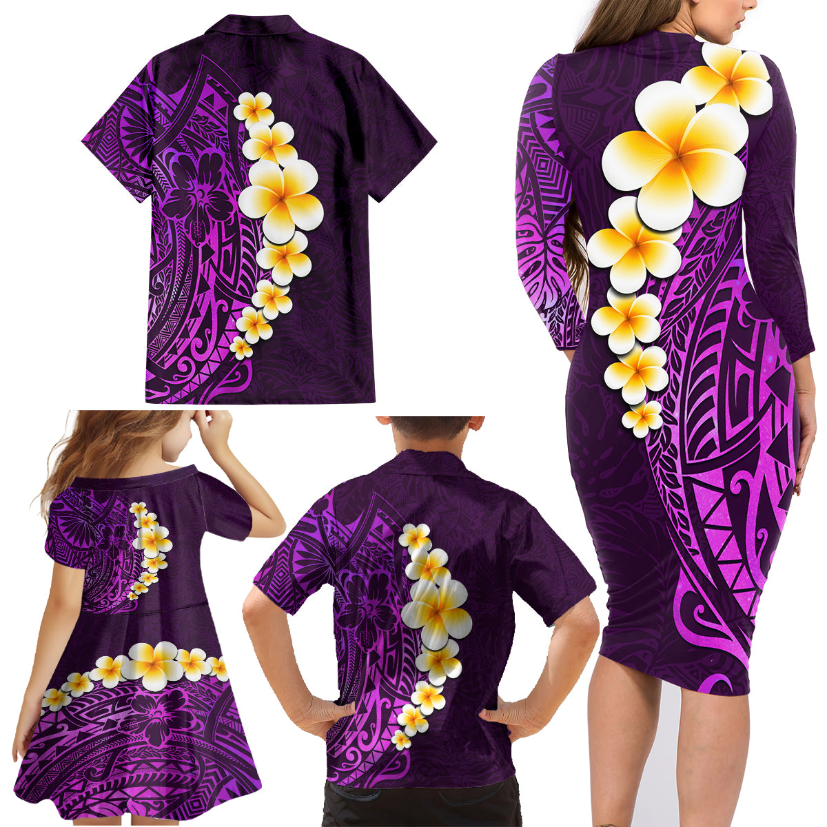 Purple Tropical Plumeria With Galaxy Polynesian Art Family Matching Long Sleeve Bodycon Dress and Hawaiian Shirt LT14 - Polynesian Pride