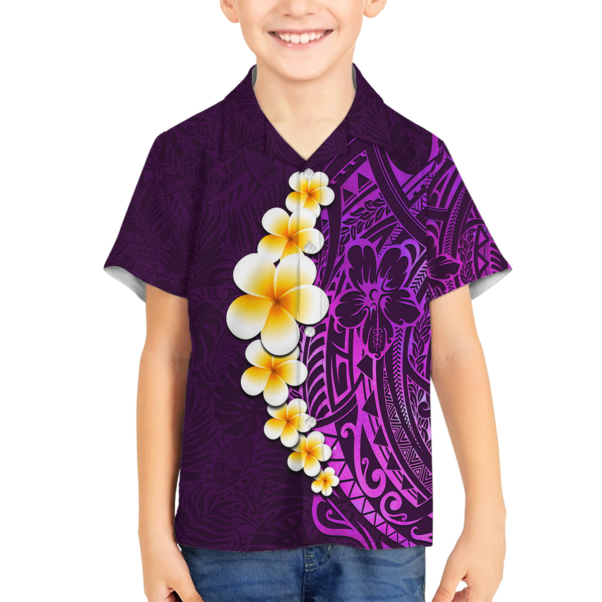 Purple Tropical Plumeria With Galaxy Polynesian Art Family Matching Tank Maxi Dress and Hawaiian Shirt LT14 Son's Shirt Purple - Polynesian Pride