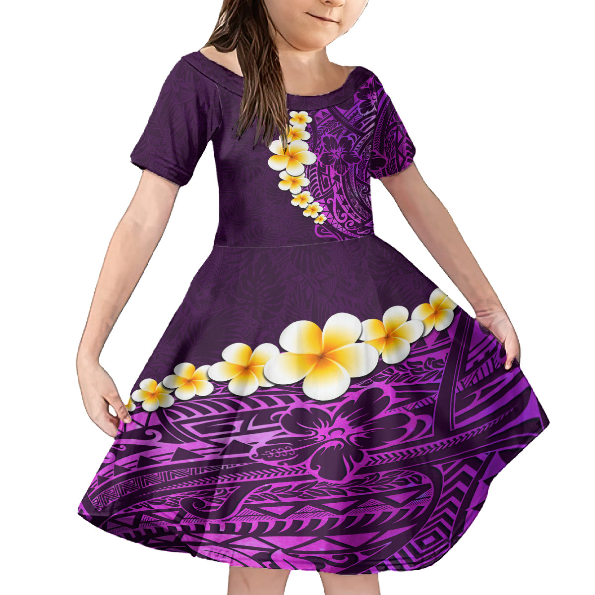 Purple Tropical Plumeria With Galaxy Polynesian Art Kid Short Sleeve Dress LT14 KID Purple - Polynesian Pride