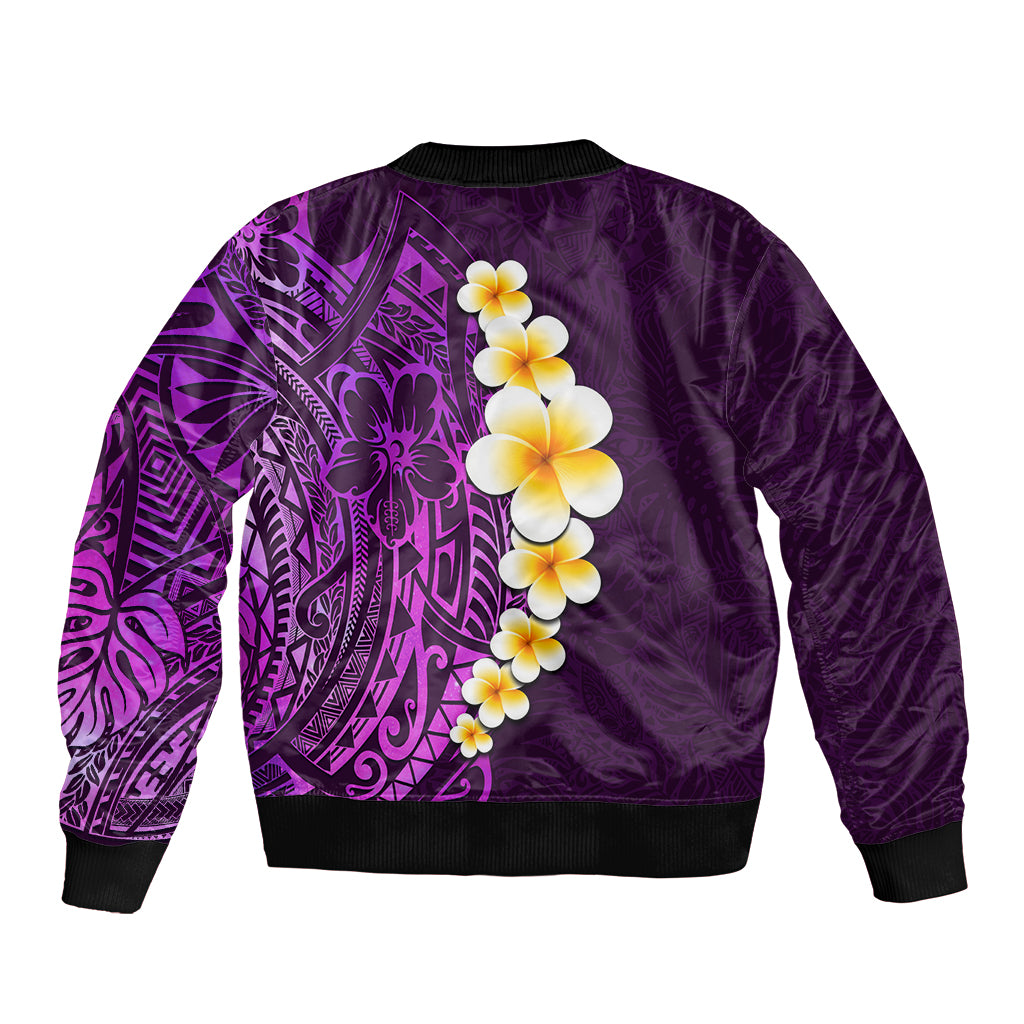 Purple Tropical Plumeria With Galaxy Polynesian Art Sleeve Zip Bomber Jacket LT14 - Polynesian Pride