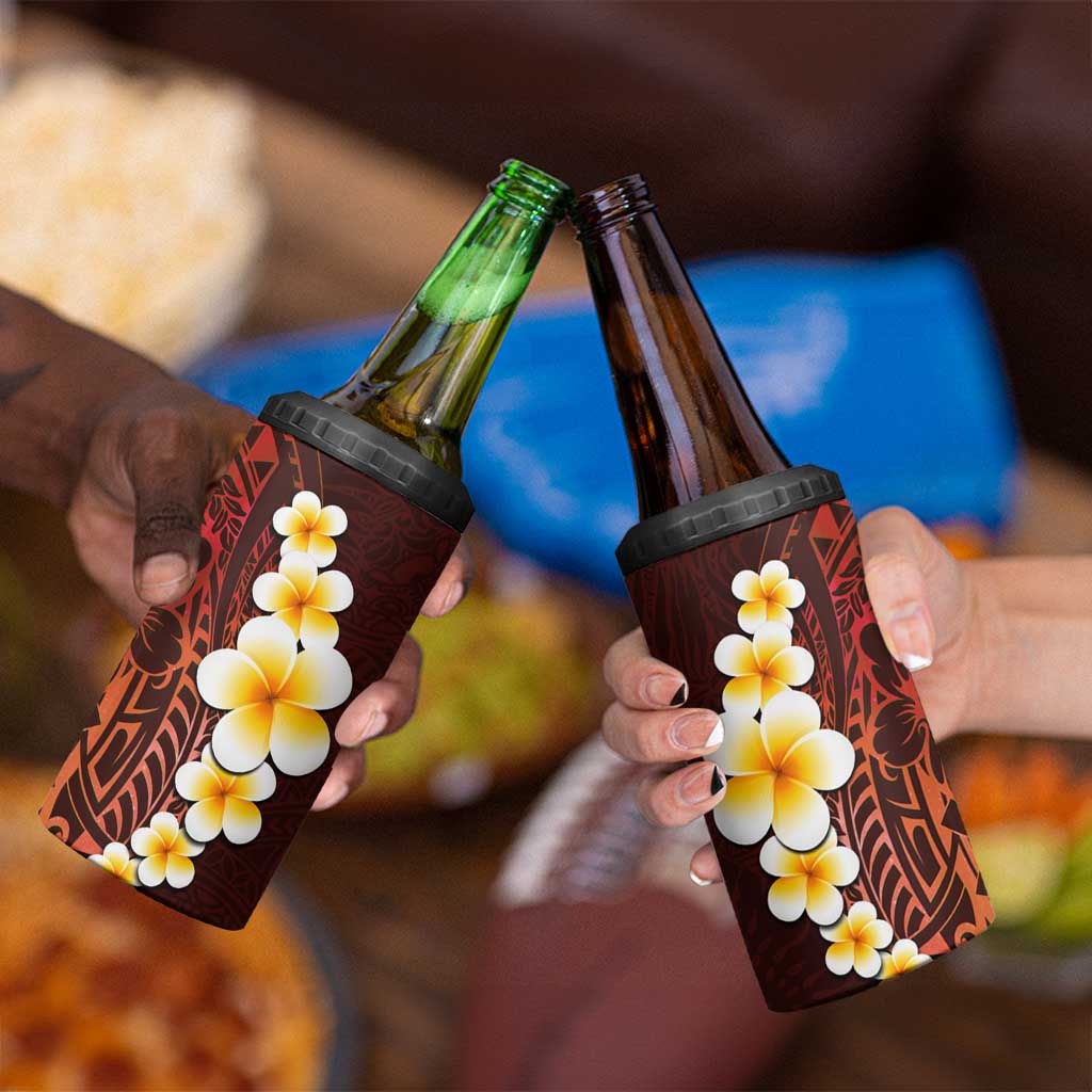 Red Tropical Plumeria With Galaxy Polynesian Art 4 in 1 Can Cooler Tumbler