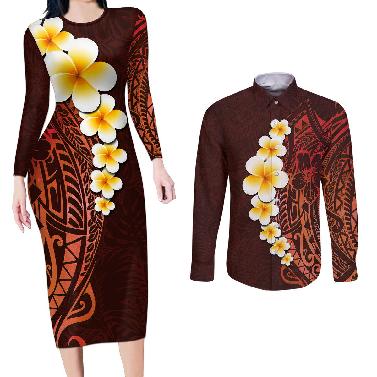 Red Tropical Plumeria With Galaxy Polynesian Art Couples Matching Long Sleeve Bodycon Dress and Long Sleeve Button Shirt LT14 Red - Polynesian Pride