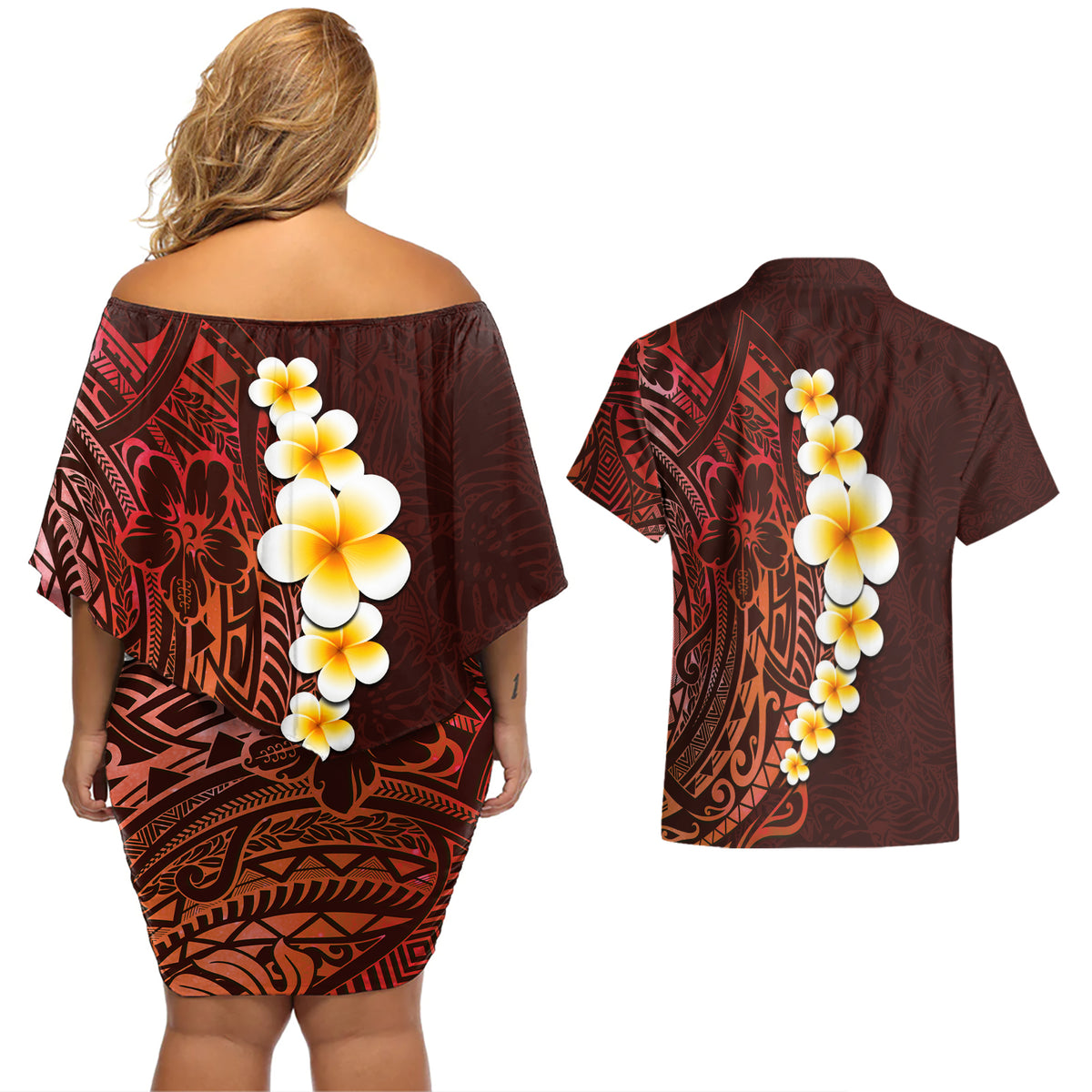 Red Tropical Plumeria With Galaxy Polynesian Art Couples Matching Off Shoulder Short Dress and Hawaiian Shirt LT14 - Polynesian Pride
