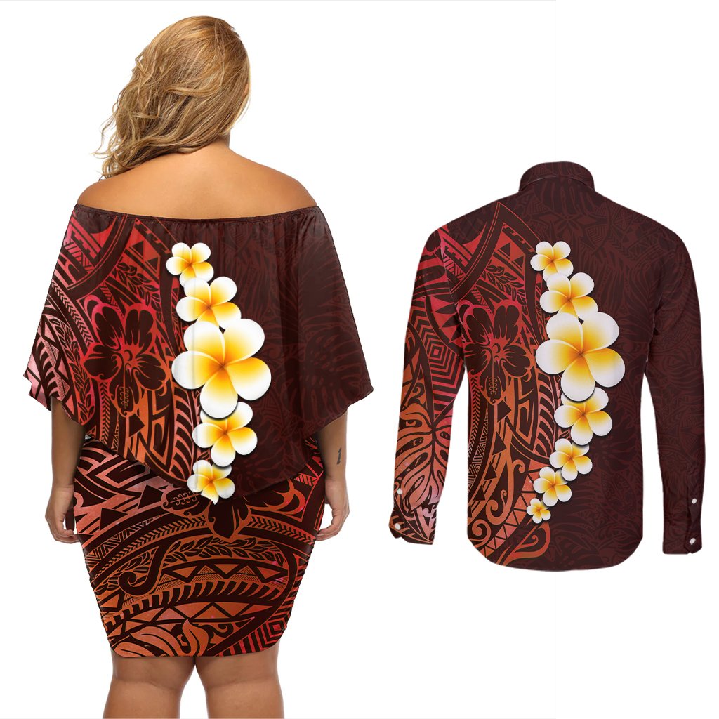 Red Tropical Plumeria With Galaxy Polynesian Art Couples Matching Off Shoulder Short Dress and Long Sleeve Button Shirt LT14 - Polynesian Pride
