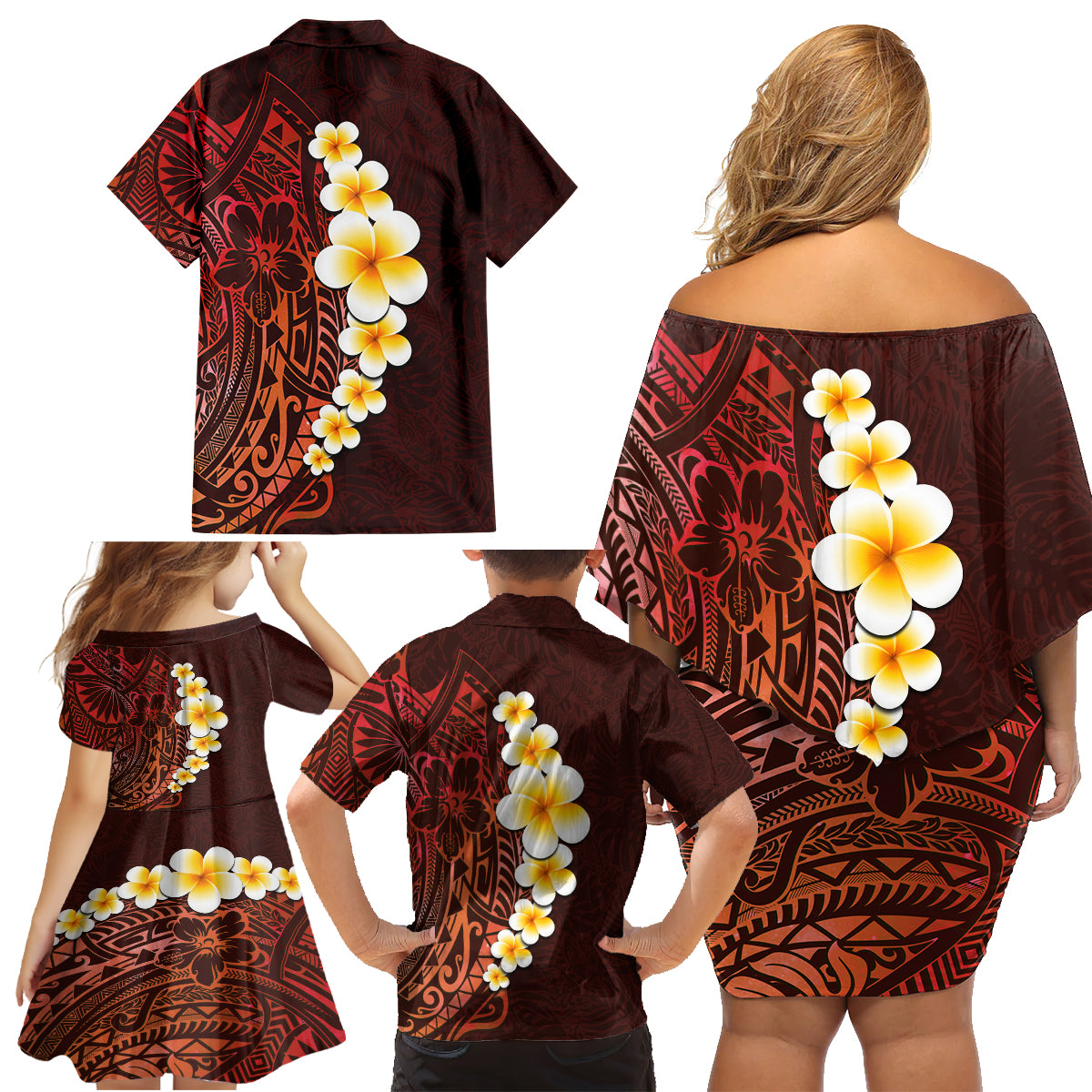 Red Tropical Plumeria With Galaxy Polynesian Art Family Matching Off Shoulder Short Dress and Hawaiian Shirt LT14 - Polynesian Pride