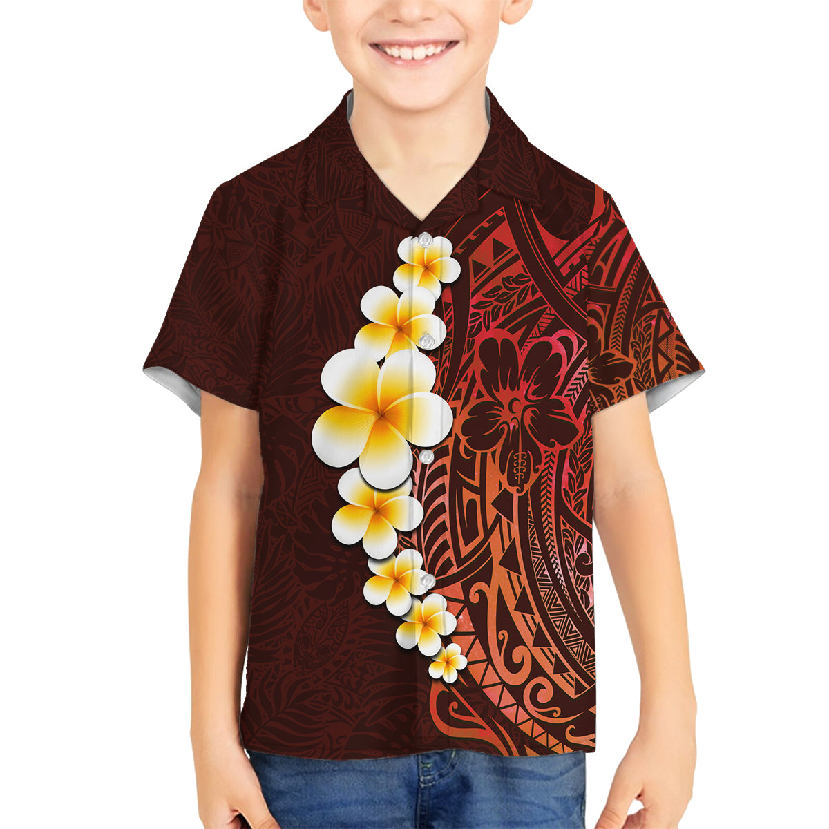 Red Tropical Plumeria With Galaxy Polynesian Art Family Matching Tank Maxi Dress and Hawaiian Shirt LT14 Son's Shirt Red - Polynesian Pride