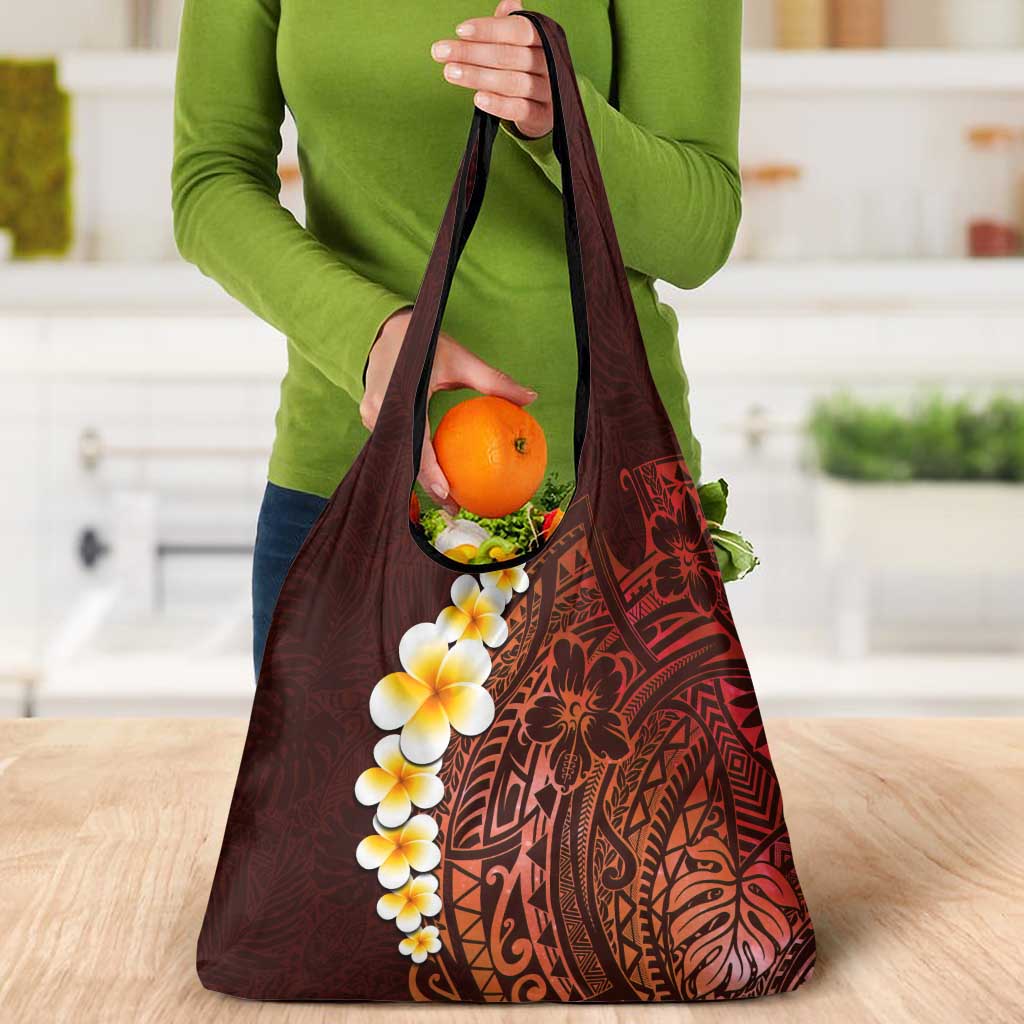 Red Tropical Plumeria With Galaxy Polynesian Art Grocery Bag
