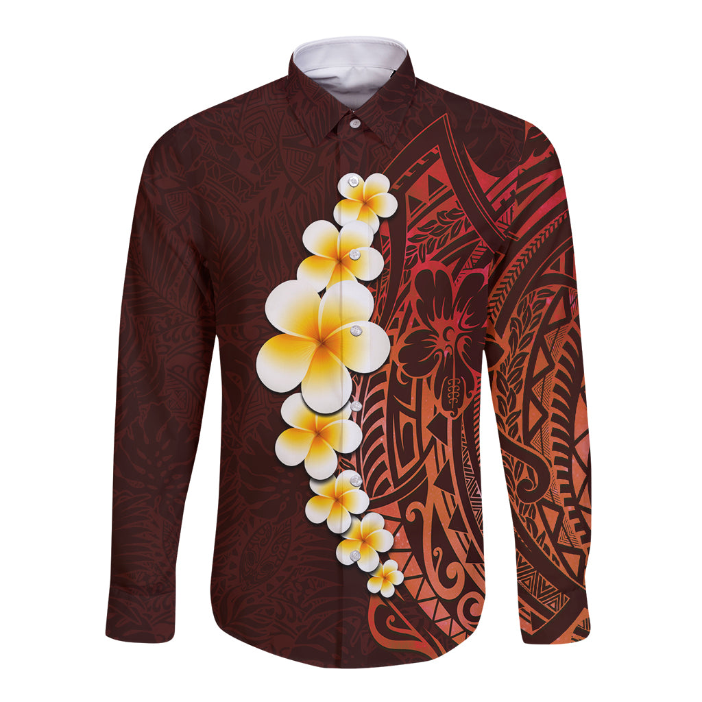 Red Tropical Plumeria With Galaxy Polynesian Art Long Sleeve Button Shirt LT14 Unisex Red - Polynesian Pride