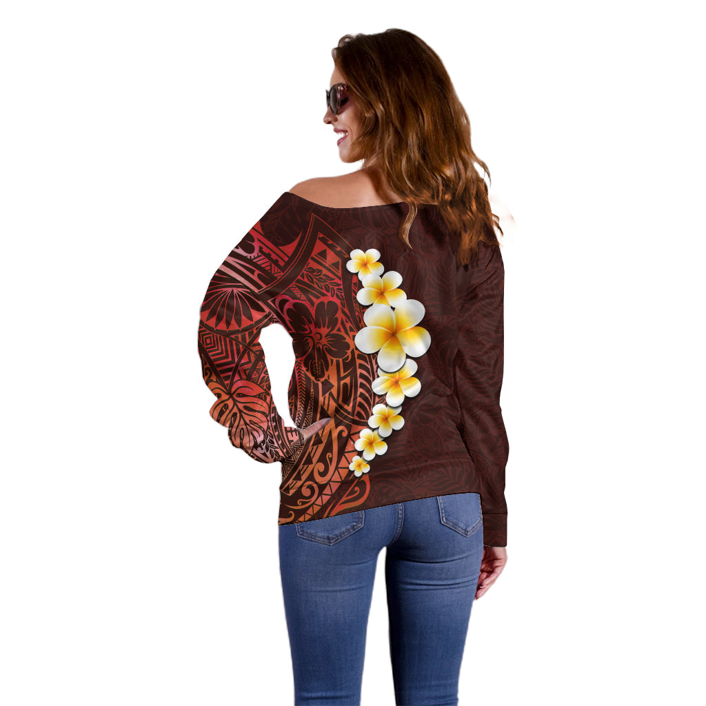 Red Tropical Plumeria With Galaxy Polynesian Art Off Shoulder Sweater LT14 - Polynesian Pride