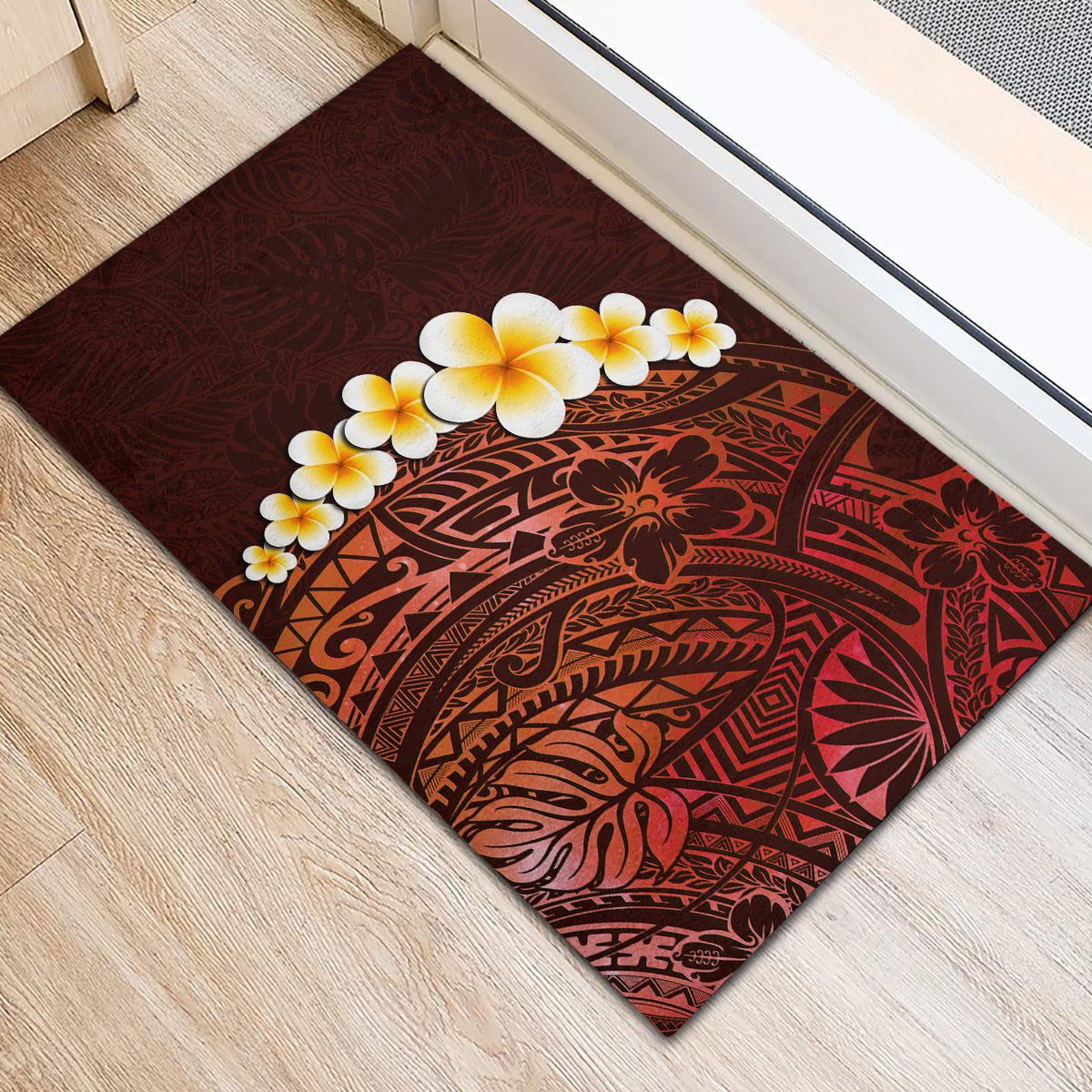 Red Tropical Plumeria With Galaxy Polynesian Art Rubber Doormat LT14 - Polynesian Pride