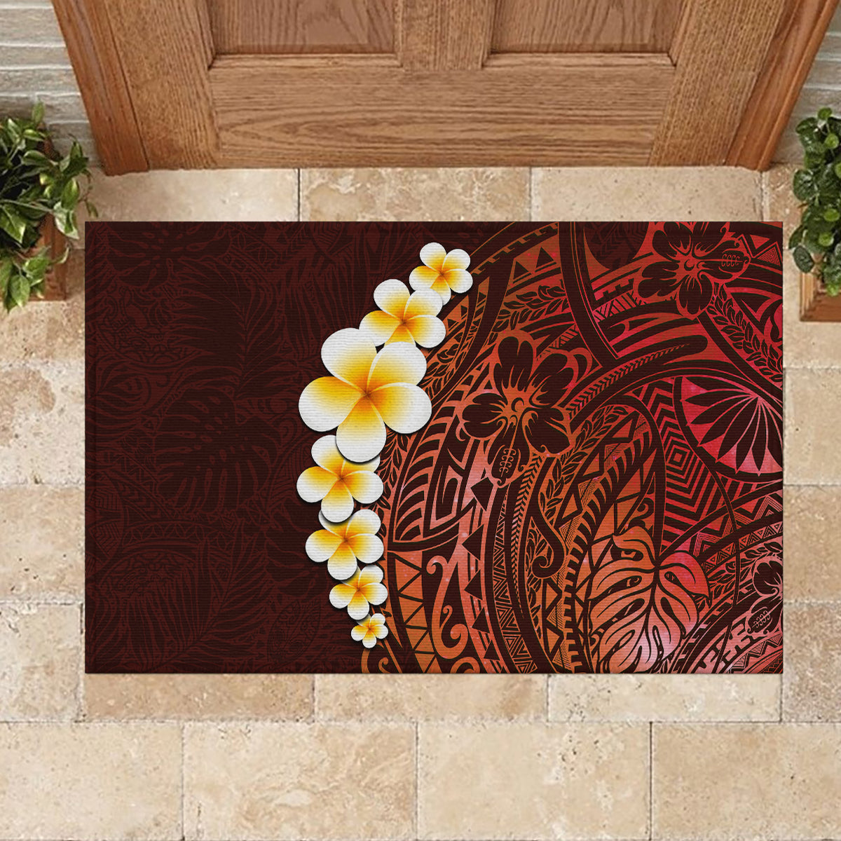 Red Tropical Plumeria With Galaxy Polynesian Art Rubber Doormat LT14 - Polynesian Pride