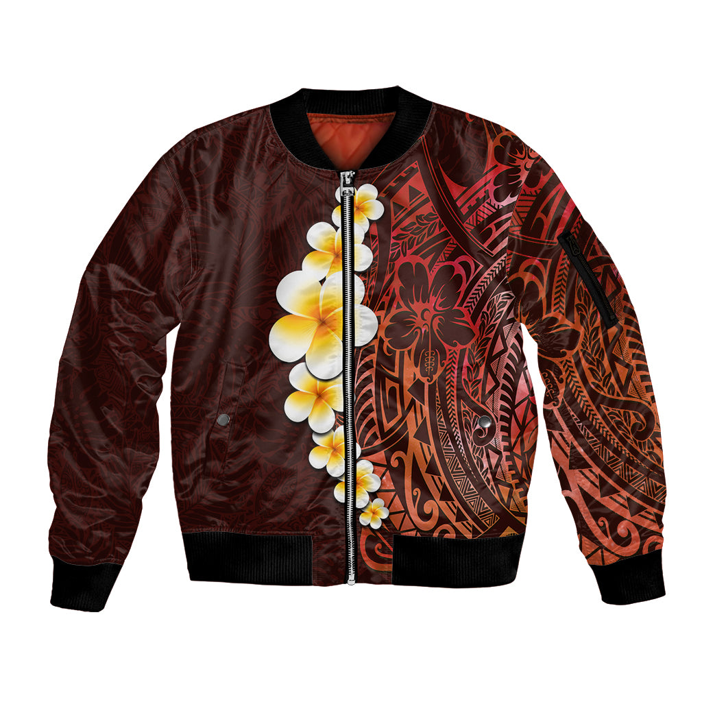 Red Tropical Plumeria With Galaxy Polynesian Art Sleeve Zip Bomber Jacket LT14 Unisex Red - Polynesian Pride