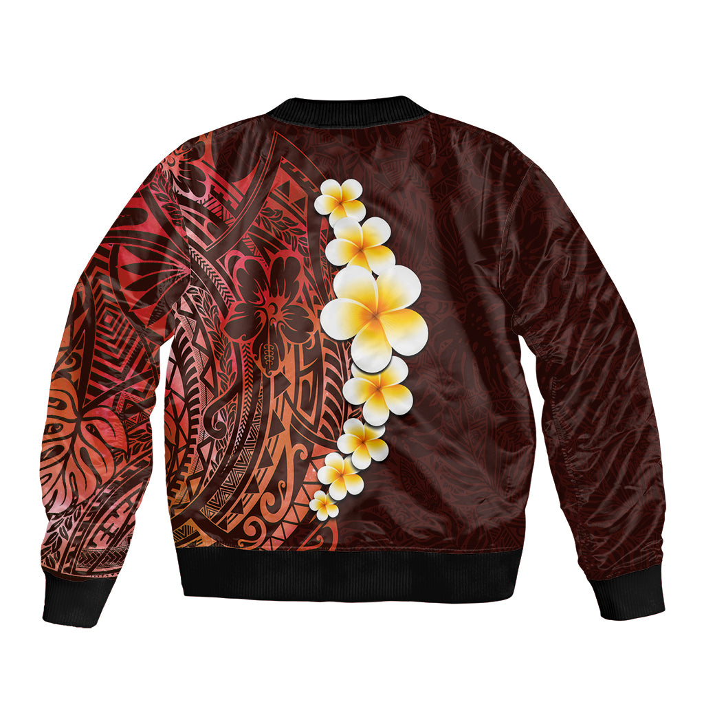 Red Tropical Plumeria With Galaxy Polynesian Art Sleeve Zip Bomber Jacket LT14 - Polynesian Pride