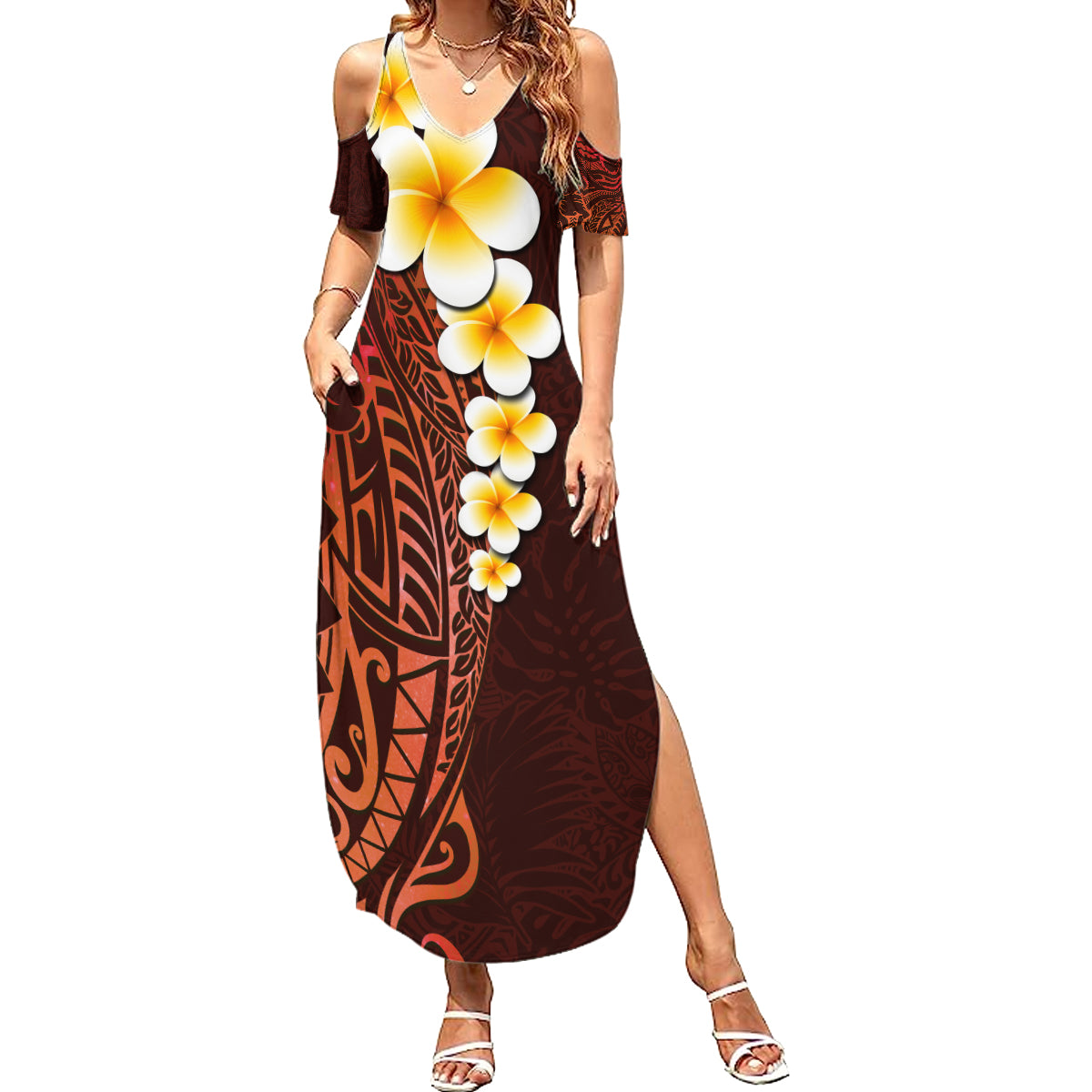 Red Tropical Plumeria With Galaxy Polynesian Art Summer Maxi Dress LT14 Women Red - Polynesian Pride
