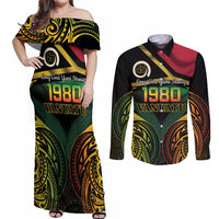 Vanuatu 1980 Couples Matching Off Shoulder Maxi Dress and Long Sleeve Button Shirt Hapi 45 Yia Indipendens Anivesari