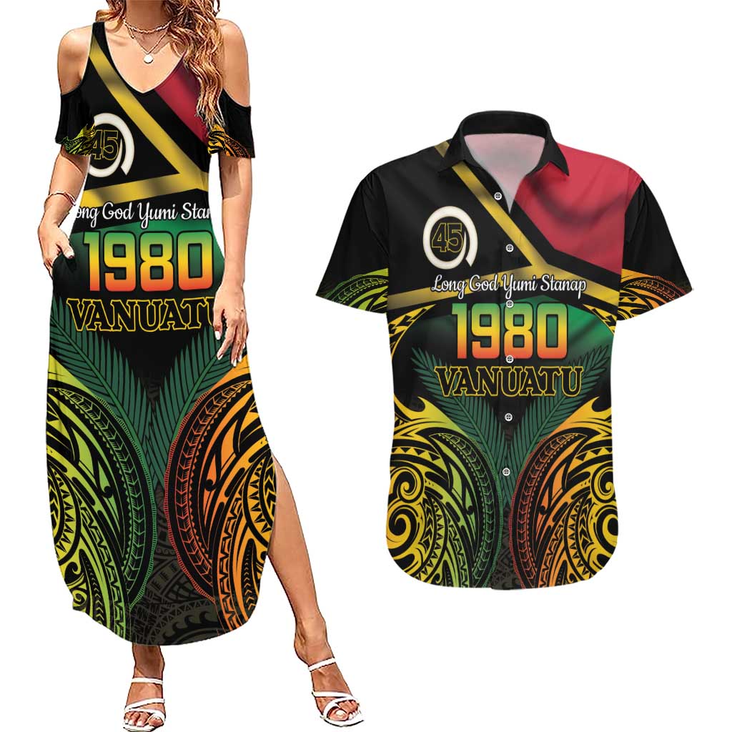 Vanuatu 1980 Couples Matching Summer Maxi Dress and Hawaiian Shirt Hapi 45 Yia Indipendens Anivesari