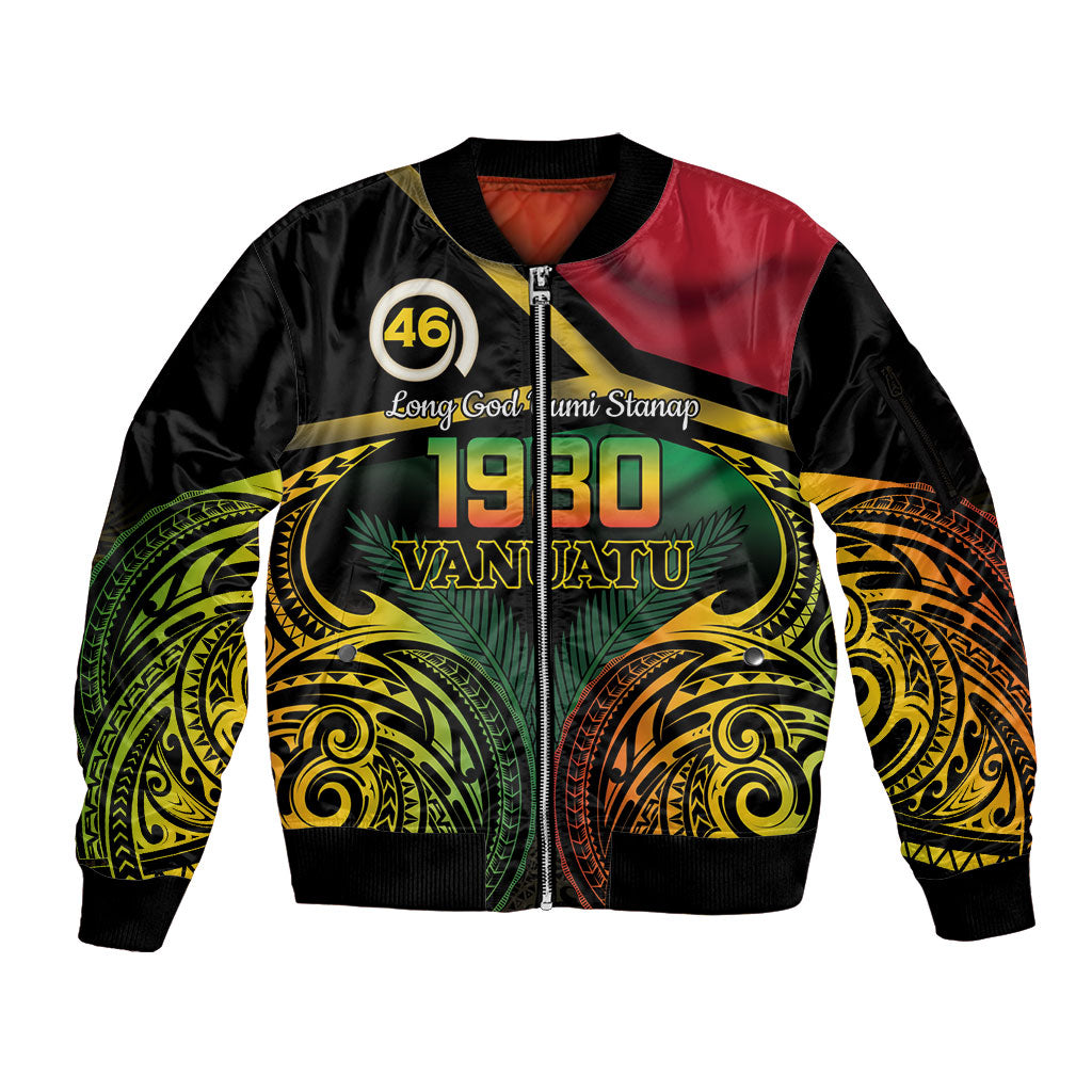 Vanuatu 1980 Sleeve Zip Bomber Jacket Hapi 46 Yia Indipendens Anivesari LT14 Unisex Black - Polynesian Pride