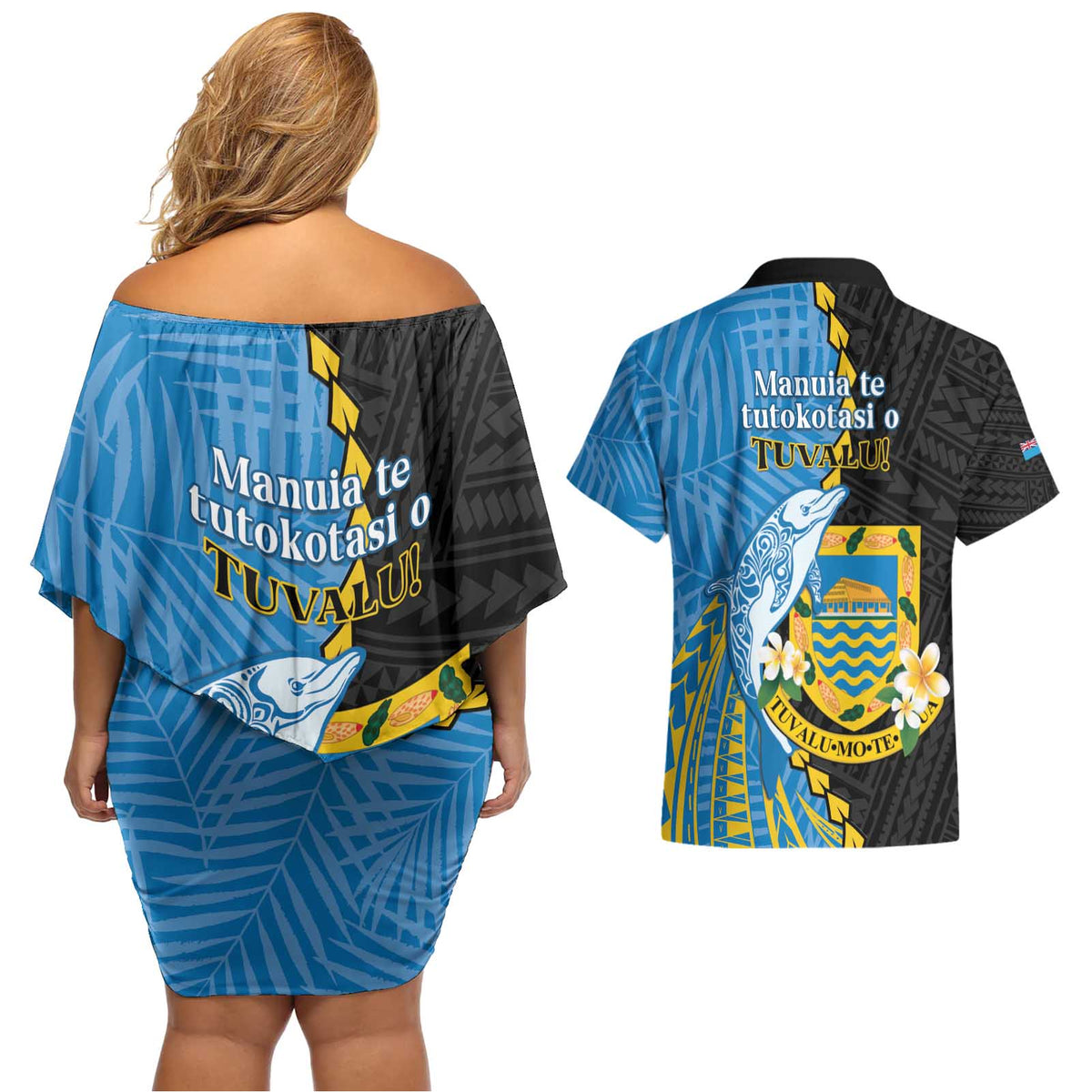 Tuvalu Independence Day Couples Matching Off Shoulder Short Dress and Hawaiian Shirt Manuia te tutokotasi o Tuvaluan Dolphin Tattoo