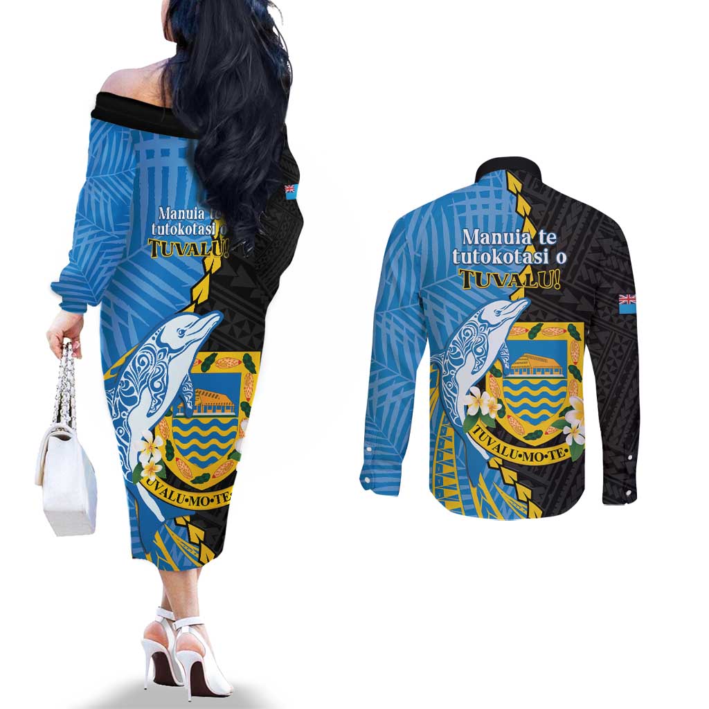 Tuvalu Independence Day Couples Matching Off The Shoulder Long Sleeve Dress and Long Sleeve Button Shirt Manuia te tutokotasi o Tuvaluan Dolphin Tattoo
