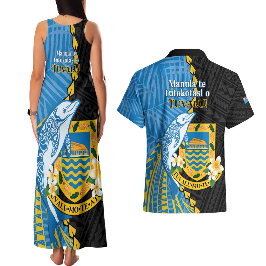 Tuvalu Independence Day Couples Matching Tank Maxi Dress and Hawaiian Shirt Manuia te tutokotasi o Tuvaluan Dolphin Tattoo