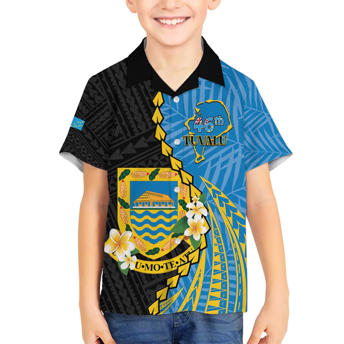 Tuvalu Independence Day Family Matching Off The Shoulder Long Sleeve Dress and Hawaiian Shirt Manuia te tutokotasi o Tuvaluan Dolphin Tattoo LT14 Son's Shirt Blue - Polynesian Pride