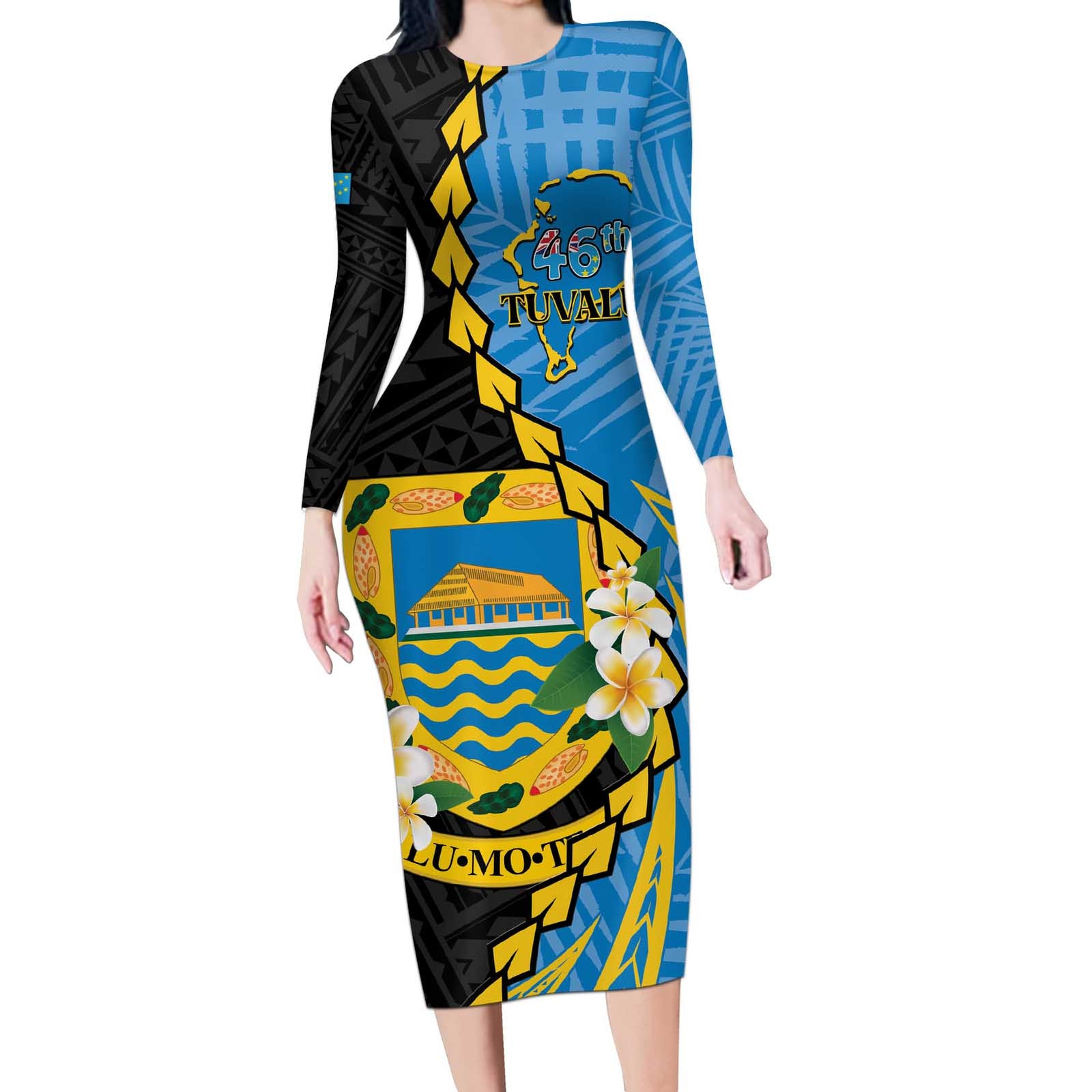 Tuvalu Independence Day Long Sleeve Bodycon Dress Manuia te tutokotasi o Tuvaluan Dolphin Tattoo LT14 Long Dress Blue - Polynesian Pride
