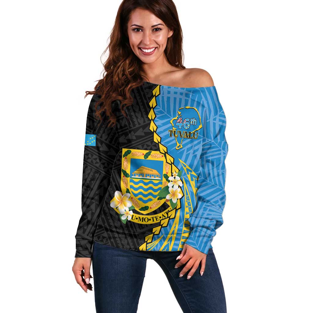 Tuvalu Independence Day Off Shoulder Sweater Manuia te tutokotasi o Tuvaluan Dolphin Tattoo LT14 Women Blue - Polynesian Pride