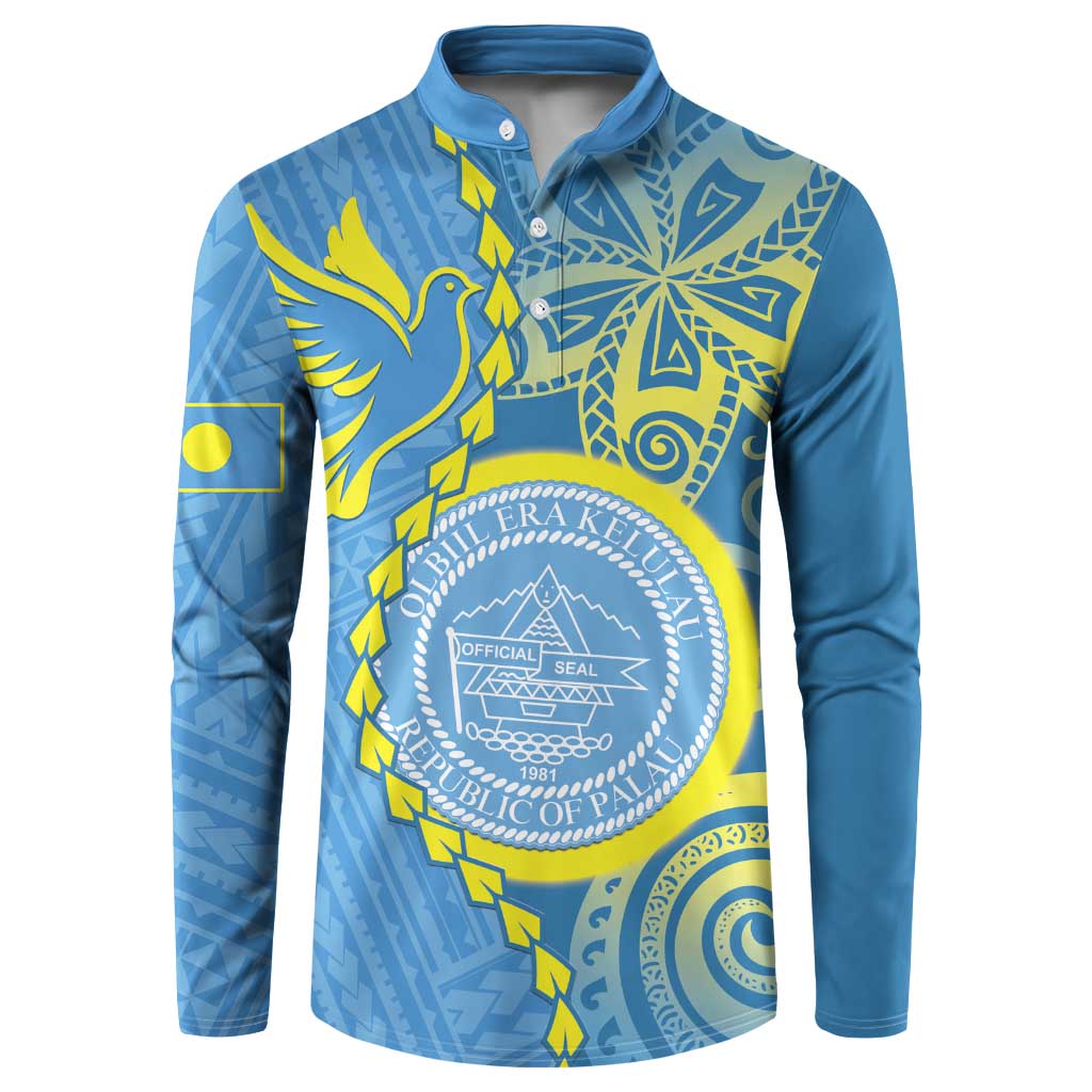Personalised Palau Independence Day Button Sweatshirt Belau Coat Of Arms Polynesian Curve Style LT14 Blue - Polynesian Pride