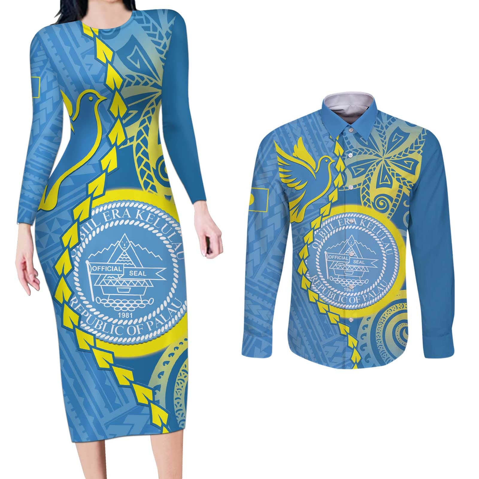 Personalised Palau Independence Day Couples Matching Long Sleeve Bodycon Dress and Long Sleeve Button Shirt Belau Coat Of Arms Polynesian Curve Style LT14 Blue - Polynesian Pride