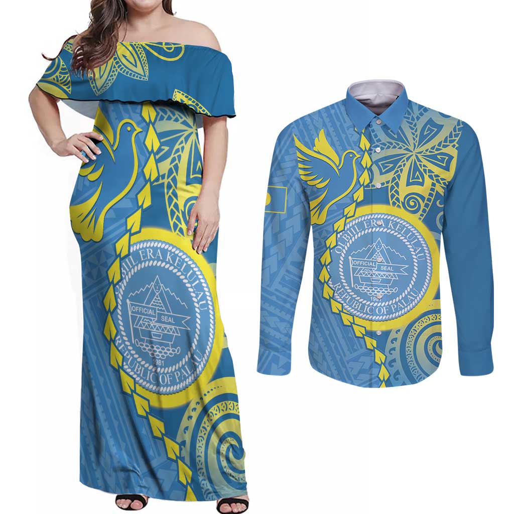Personalised Palau Independence Day Couples Matching Off Shoulder Maxi Dress and Long Sleeve Button Shirt Belau Coat Of Arms Polynesian Curve Style LT14 Blue - Polynesian Pride