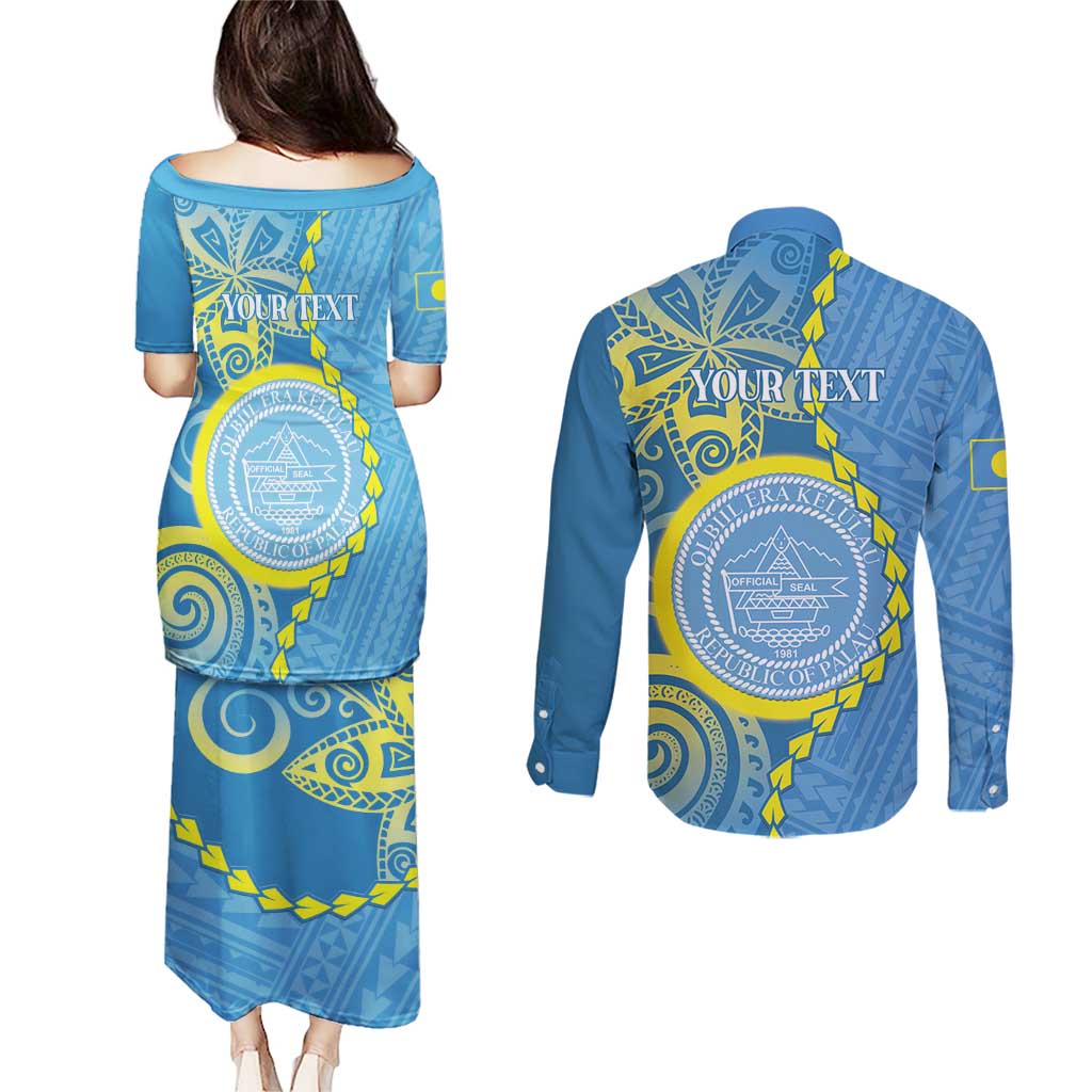 Personalised Palau Independence Day Couples Matching Puletasi and Long Sleeve Button Shirt Belau Coat Of Arms Polynesian Curve Style