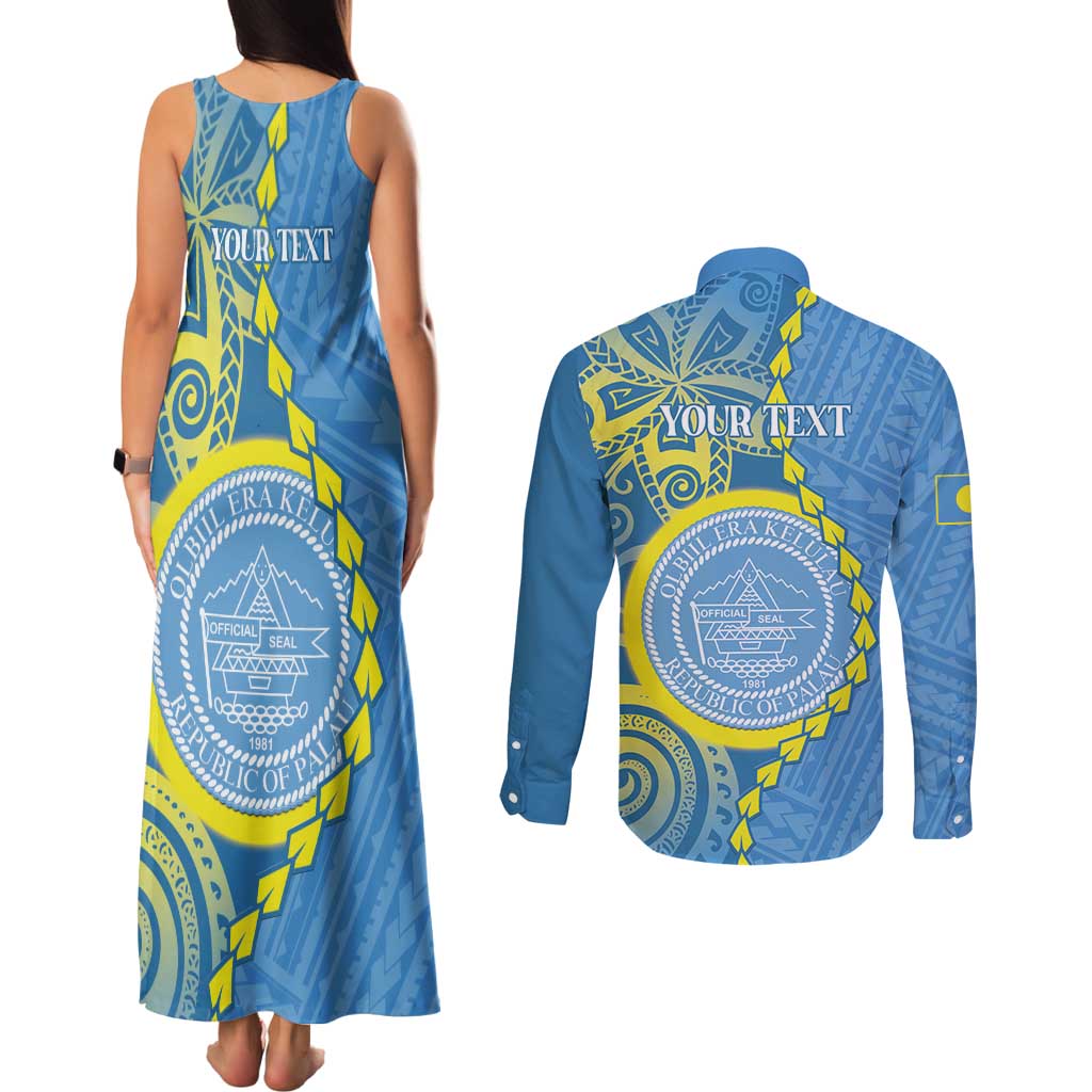 Personalised Palau Independence Day Couples Matching Tank Maxi Dress and Long Sleeve Button Shirt Belau Coat Of Arms Polynesian Curve Style
