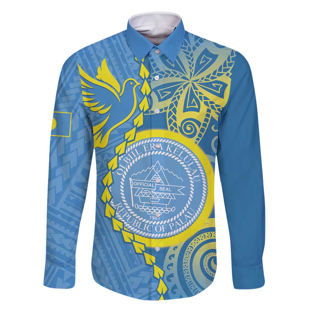 Personalised Palau Independence Day Family Matching Long Sleeve Bodycon Dress and Hawaiian Shirt Belau Coat Of Arms Polynesian Curve Style