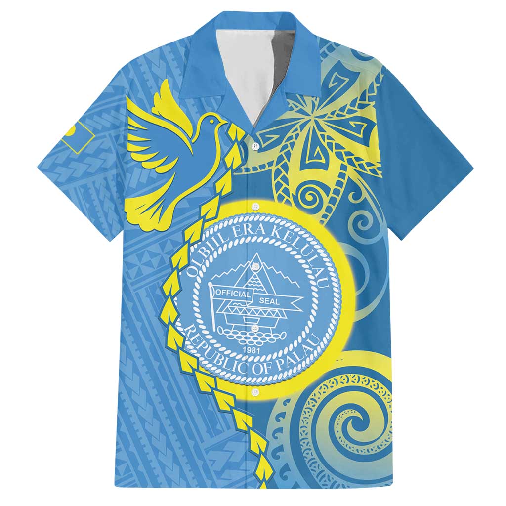 Personalised Palau Independence Day Hawaiian Shirt Belau Coat Of Arms Polynesian Curve Style LT14 Blue - Polynesian Pride