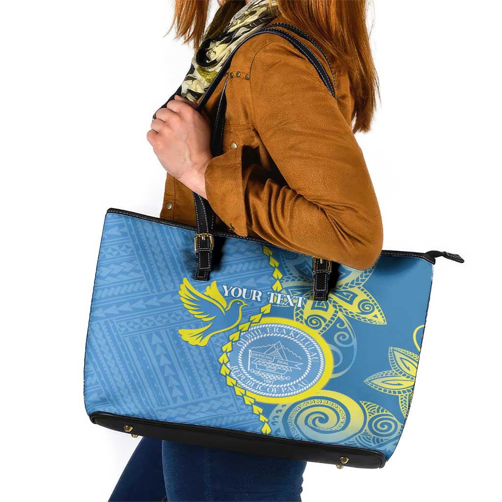 Personalised Palau Independence Day Leather Tote Bag Belau Coat Of Arms Polynesian Curve Style LT14 Blue - Polynesian Pride
