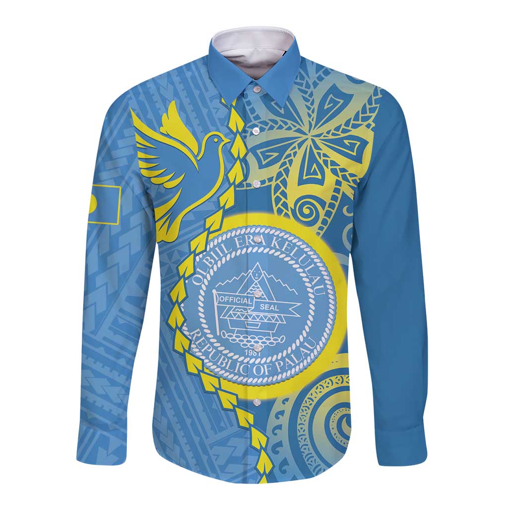 Personalised Palau Independence Day Long Sleeve Button Shirt Belau Coat Of Arms Polynesian Curve Style LT14 Unisex Blue - Polynesian Pride