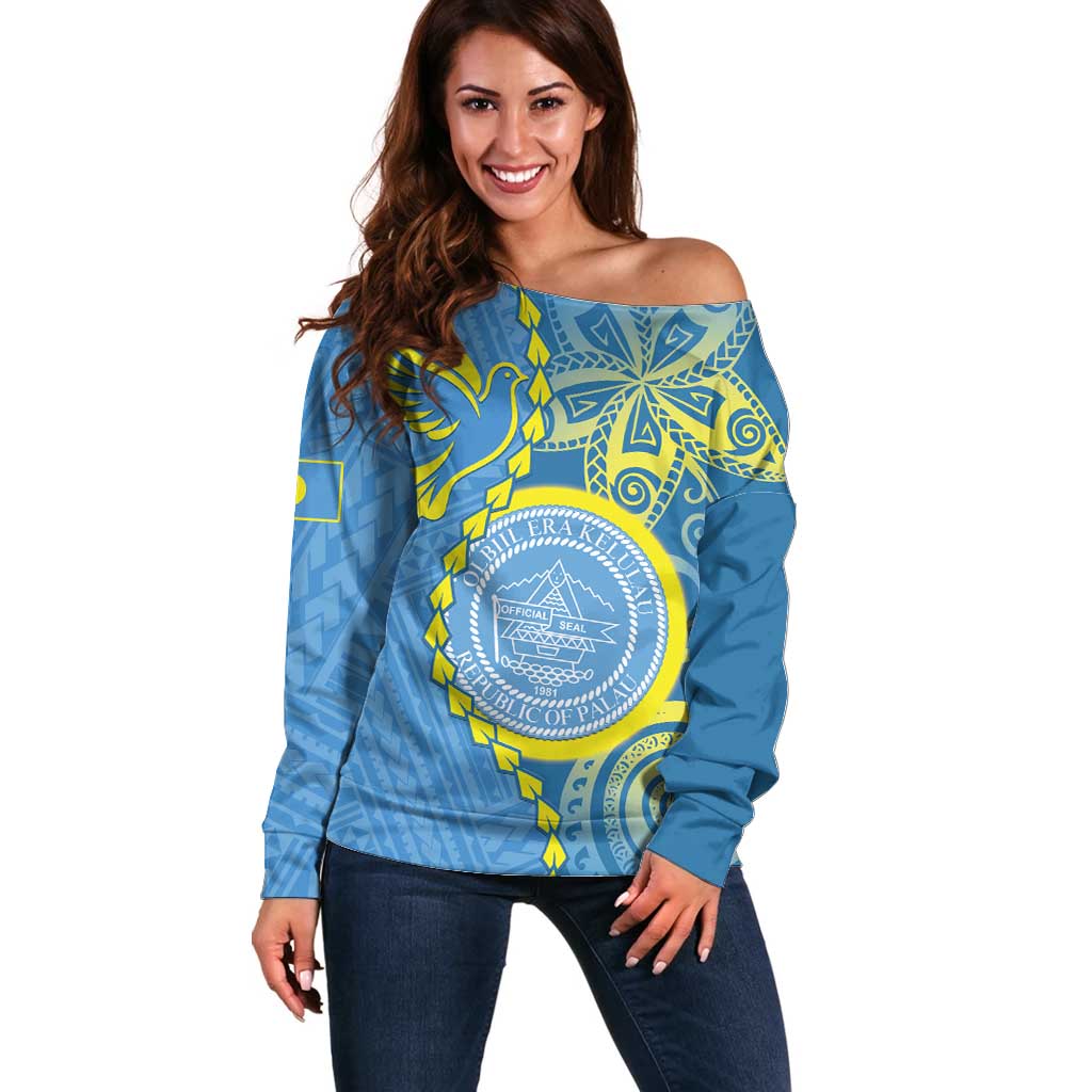 Personalised Palau Independence Day Off Shoulder Sweater Belau Coat Of Arms Polynesian Curve Style LT14 Women Blue - Polynesian Pride