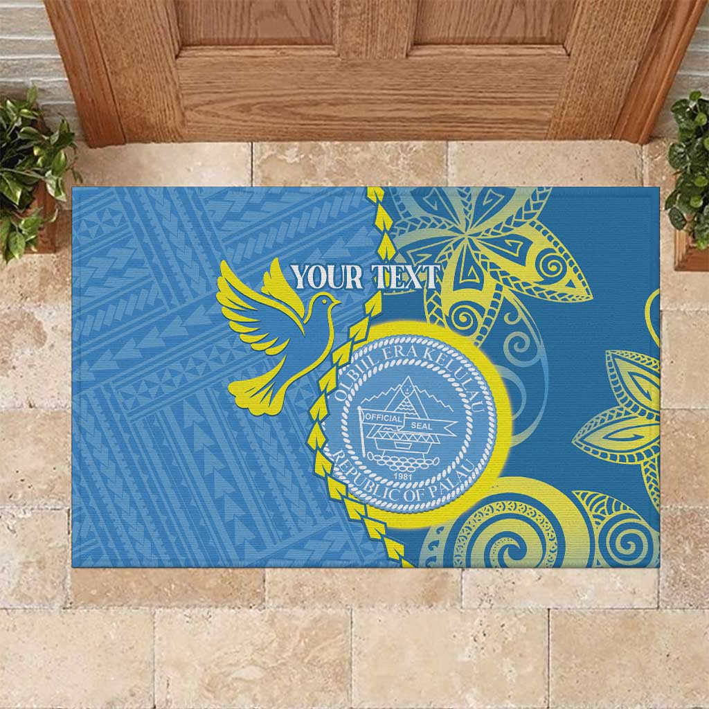 Personalised Palau Independence Day Rubber Doormat Belau Coat Of Arms Polynesian Curve Style LT14 Blue - Polynesian Pride