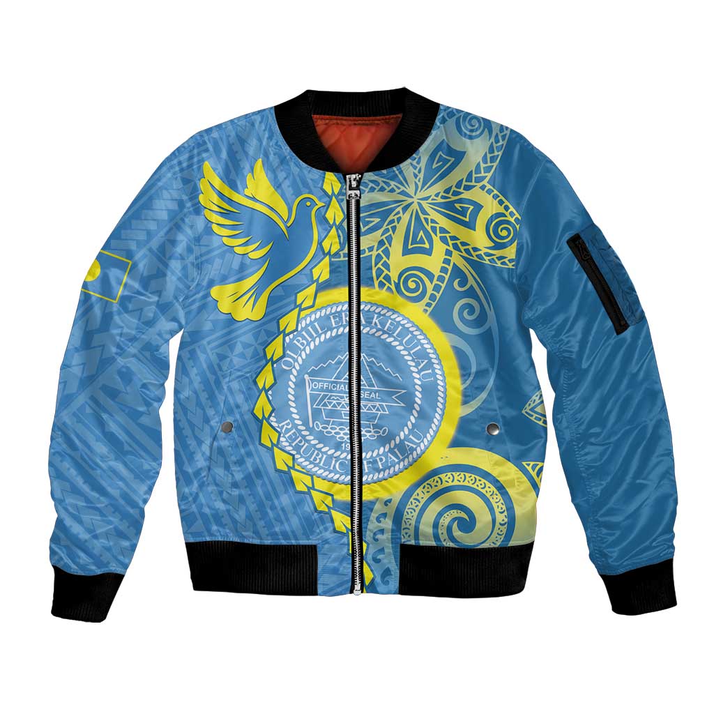 Personalised Palau Independence Day Sleeve Zip Bomber Jacket Belau Coat Of Arms Polynesian Curve Style LT14 Unisex Blue - Polynesian Pride