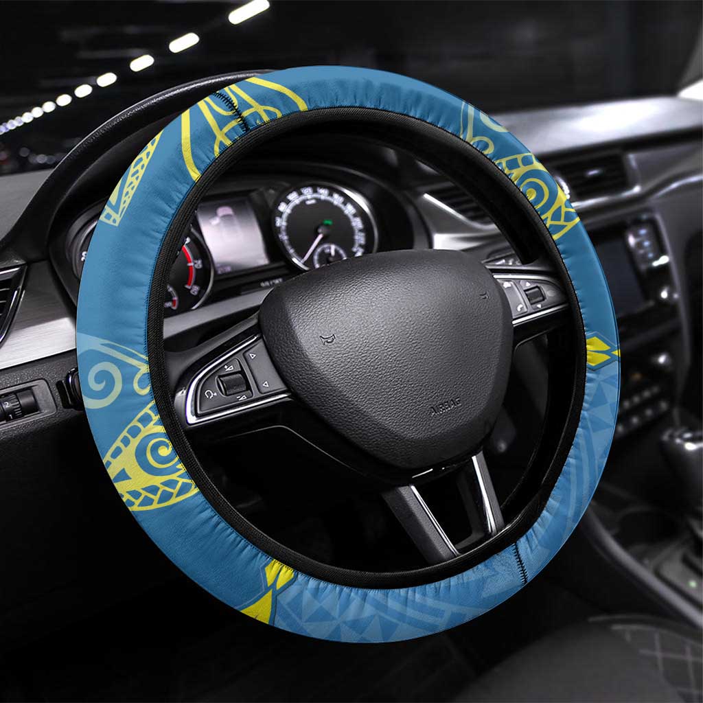 Palau Independence Day Steering Wheel Cover Belau Coat Of Arms Polynesian Curve Style LT14 Universal Fit Blue - Polynesian Pride