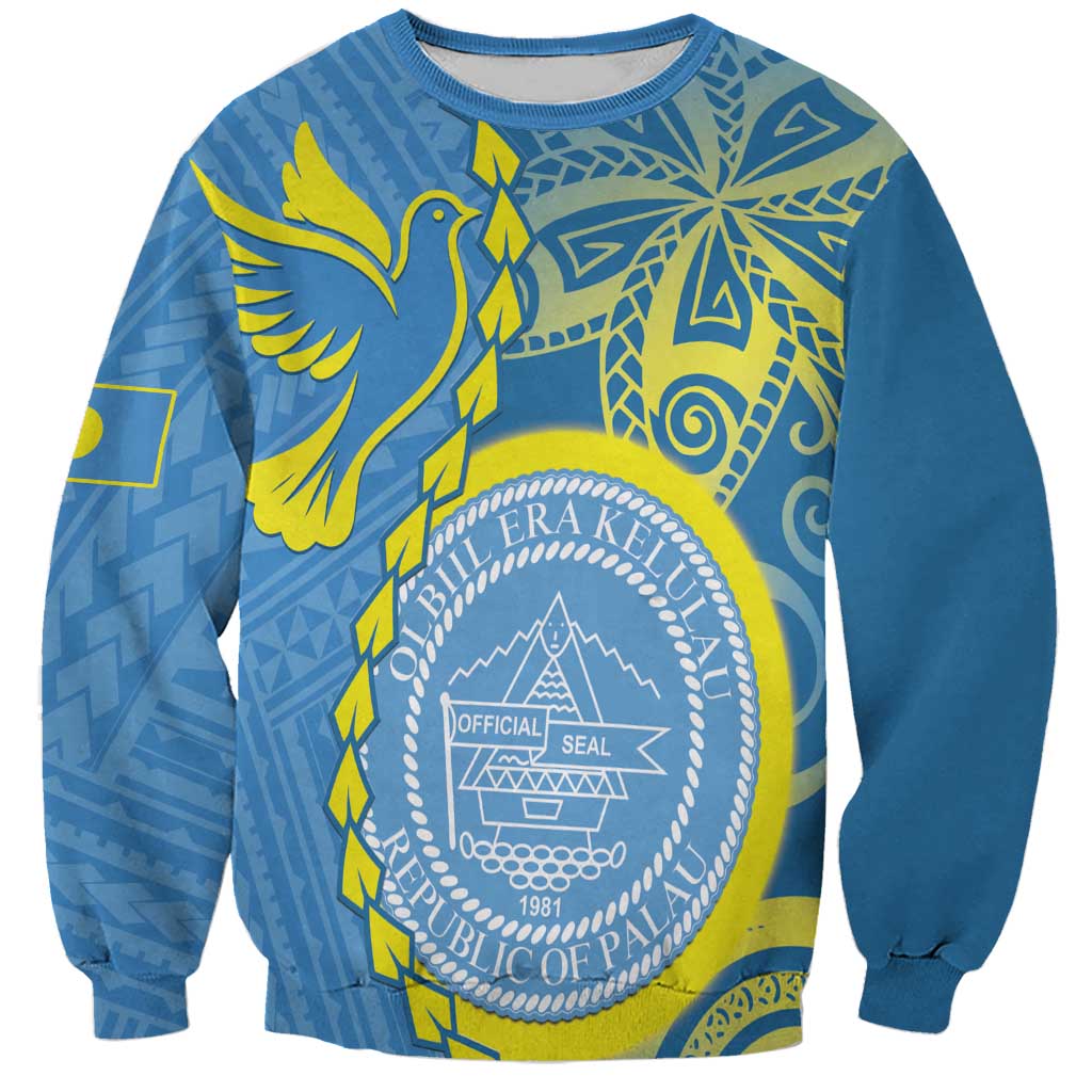 Personalised Palau Independence Day Sweatshirt Belau Coat Of Arms Polynesian Curve Style LT14 Unisex Blue - Polynesian Pride